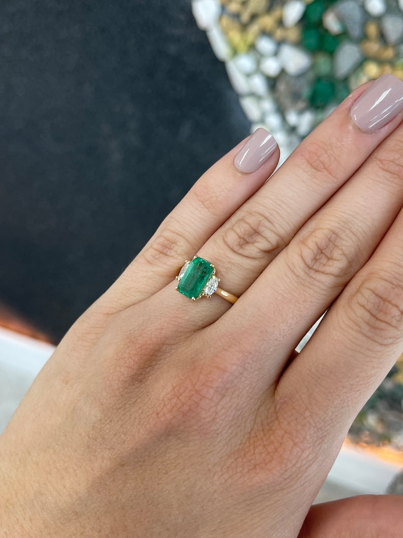 4.85tcw 14K Gold Bluish Green Emerald & Marquise Cut Diamond Three Stone Engagement Ring for Women - Perfect for Proposals, Anniversaries, and Special Occasions