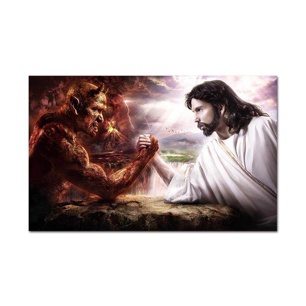 Jesus vs Christ Wrestling Satan Canvas Wall Art - Colorful Modern Religious Painting for Home, Office & Bedroom Decor (Framed) | Inspirational Christian Gift & Spiritual Room Decor