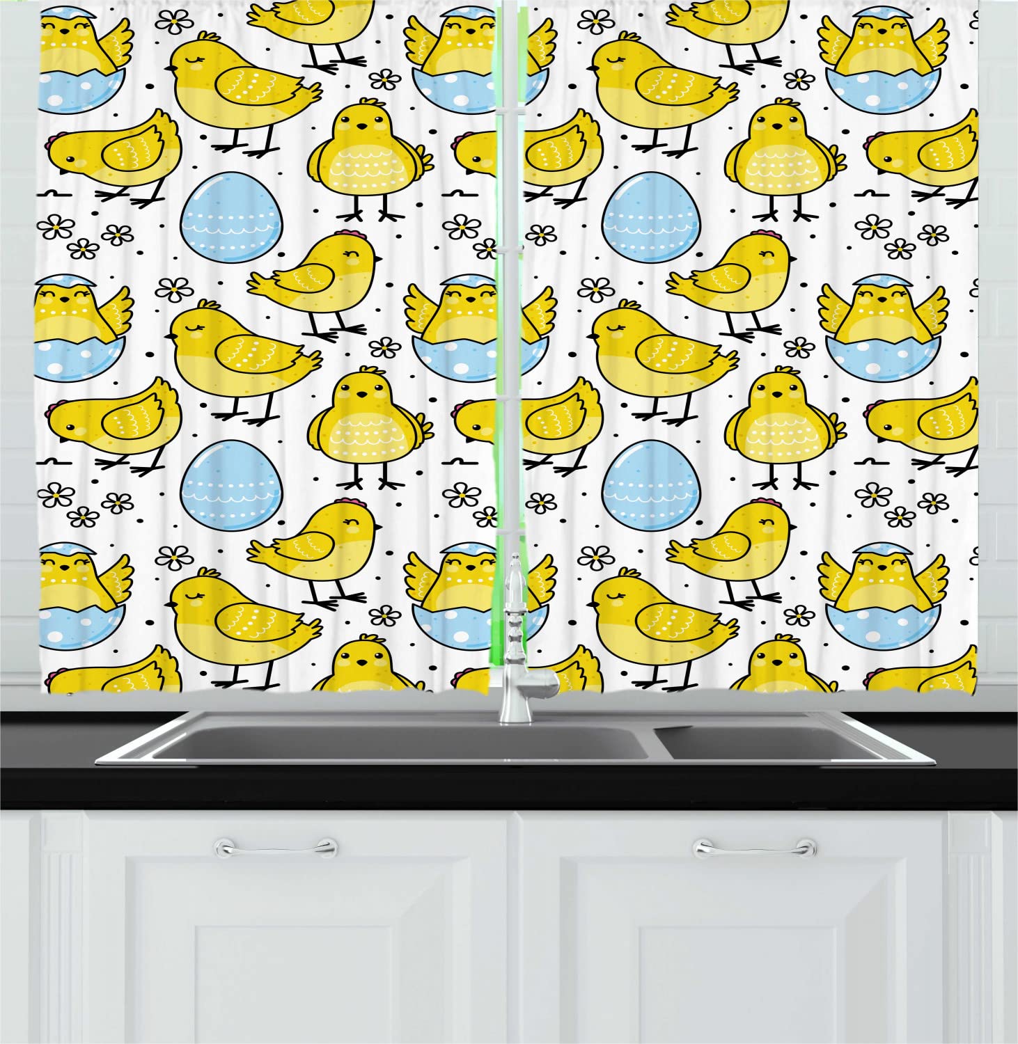 Ambesonne Farm Animal Kitchen Curtains - Baby Chick & Cracked Easter Egg with Daisy & Dots Design, 2 Panels Rod Pocket Drapes, 55