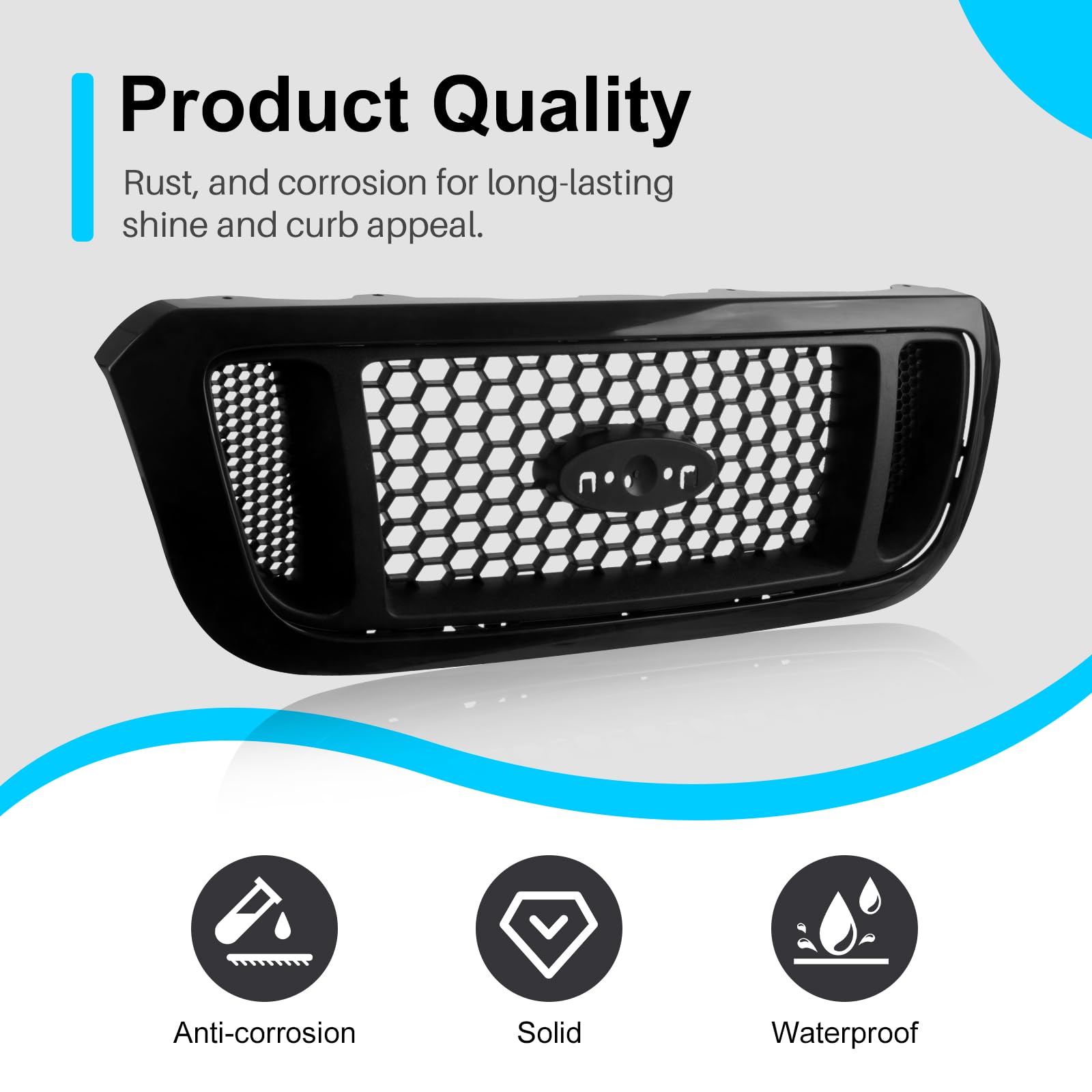 2004-2005 Ford Ranger Pickup Front Black Grille Grill Assembly Replacement (FO1200460 4L5Z8200DAF) - Durable Aftermarket Car Parts for Off-Road & Daily Driving