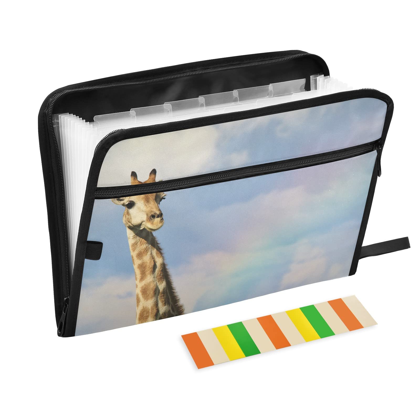 UMIRIKO 13-Pocket Expanding File Folder with Sticky Labels - Accordion Organizer for A4 Letter Size Documents - Zipper Closure Giraffe Africa Design - Perfect for Office, School, and Home Organization
