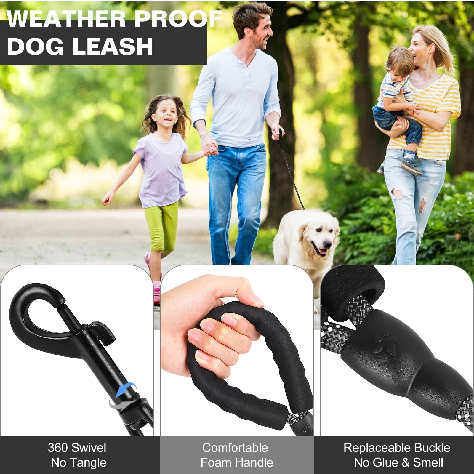 Premium Heavy Duty Dog Leash for Large Dogs - 4FT Reflective Padded Handle Leash for Labrador Retriever, German Shepherd & Sporting Breeds (Black) - Ideal for Night Walks, Jogging & Outdoor Adventures