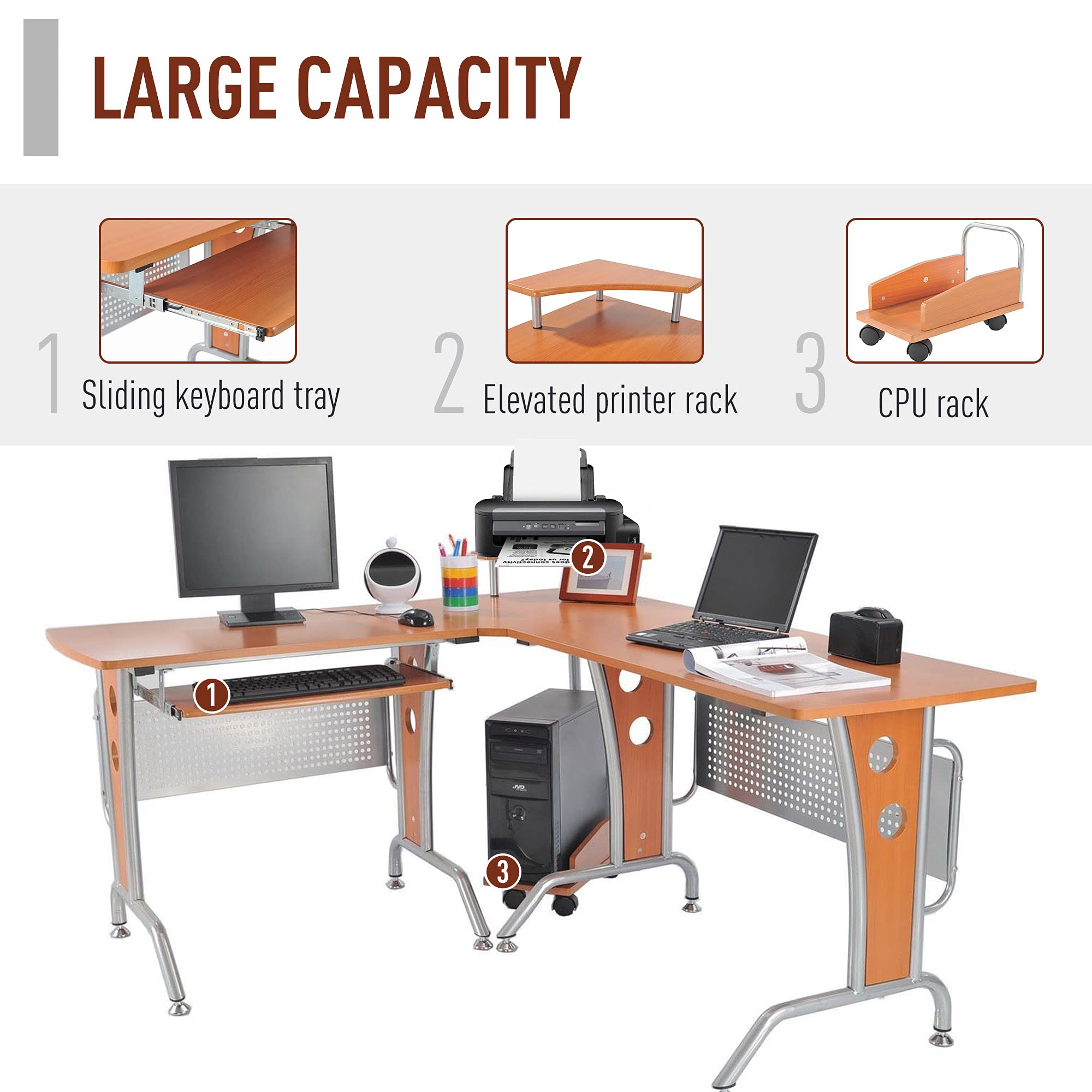 HOMCOM L-Shaped Corner Computer Desk with Elevated Shelf, Rolling Keyboard Tray & CPU Stand - Wood Finish Home Office Workstation for Small Spaces, Gaming & Remote Work