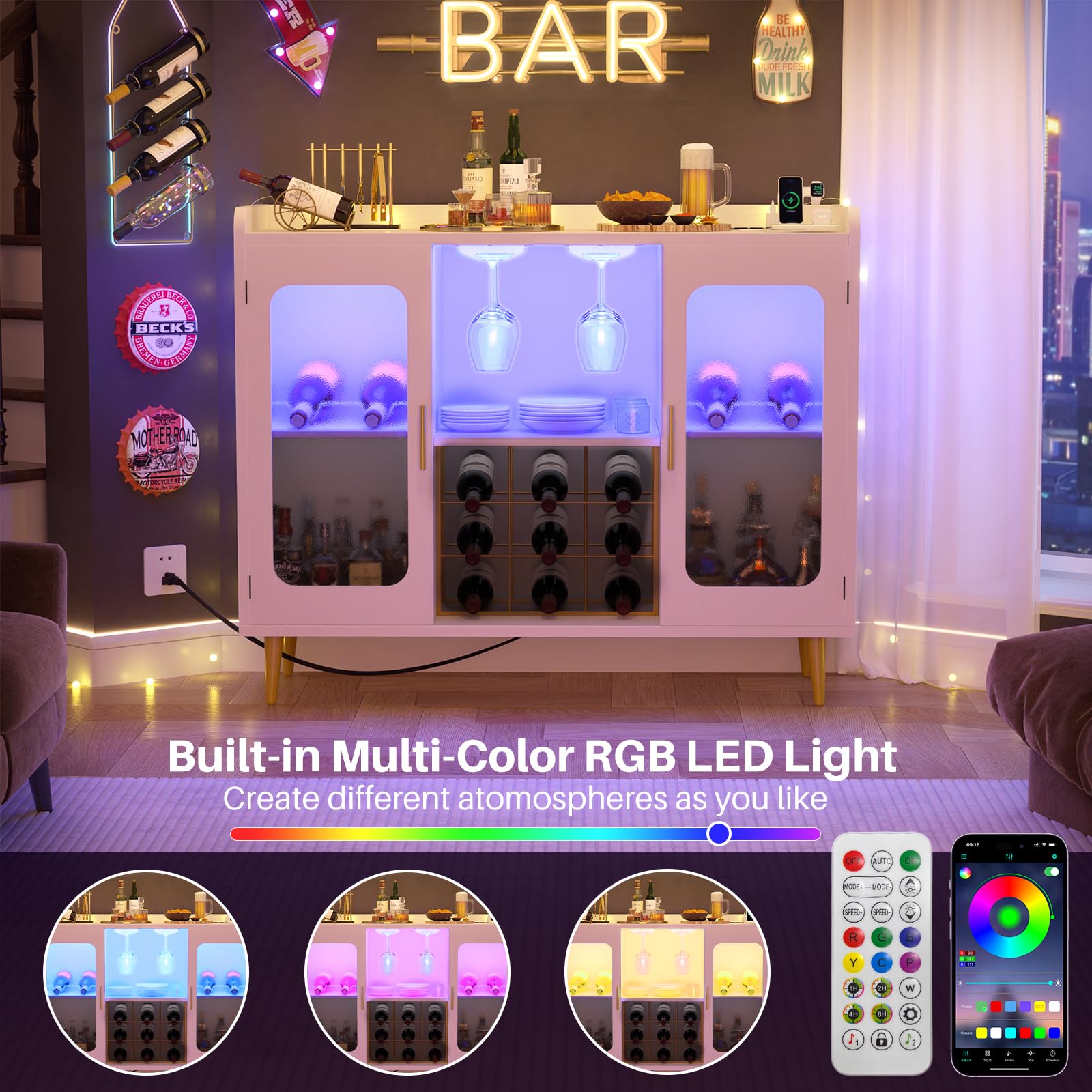 White Wine Bar Cabinet with Power Outlet & LED Lights - Modern Liquor Storage with Glass Holder & Storage Shelves - Perfect for Home Coffee Bar, Kitchen Buffet or Dining Room Sideboard - Ideal for Entertaining, Wine Tasting & Small Space Storage Solutions