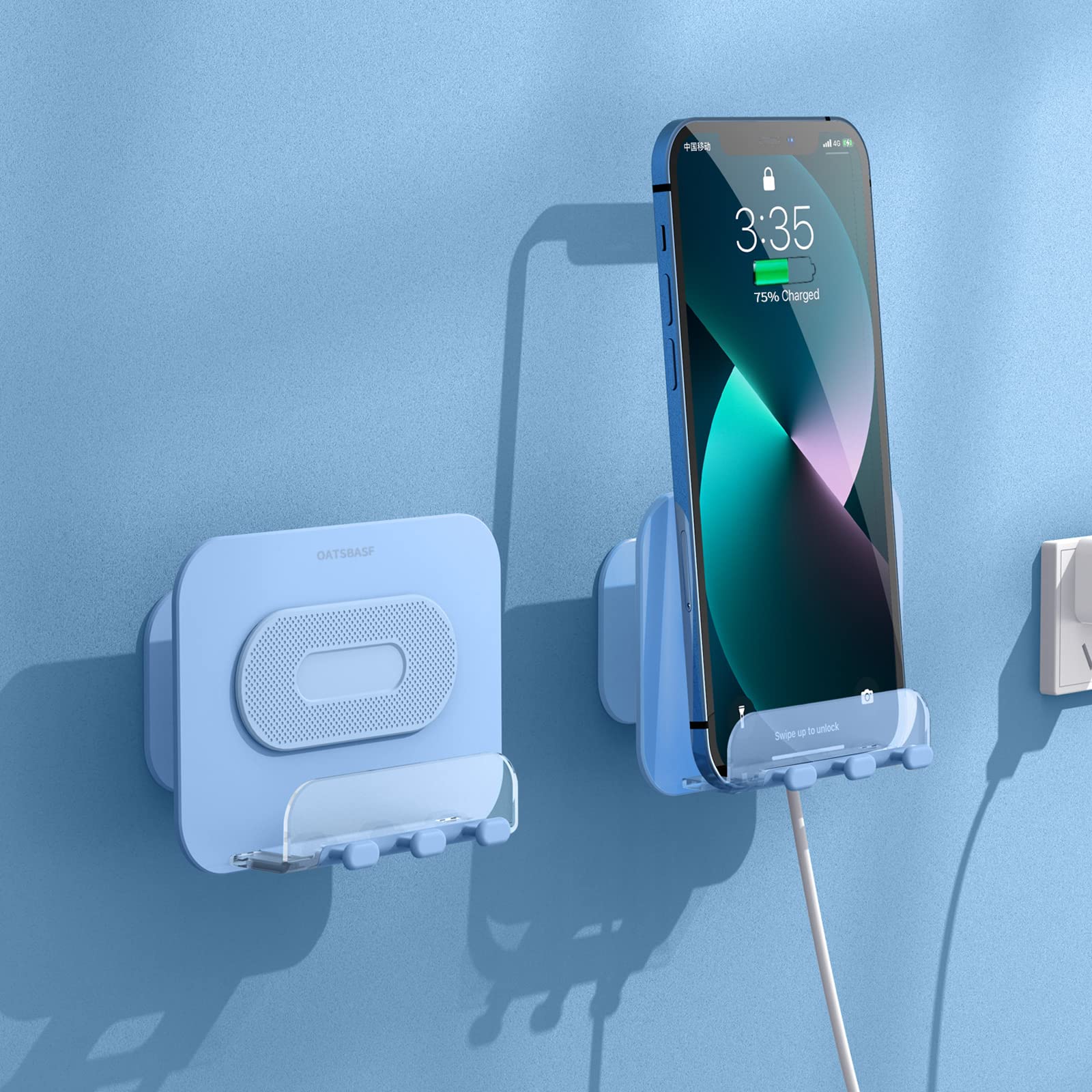 Xuenair Adhesive Wall Mount Phone Holder - Adjustable Angle Cell Phone Stand with Hooks for Bathroom, Bedroom, Kitchen or Dorm | Blue Wall Phone Holder for Hands-Free Viewing While Cooking, Showering & Studying