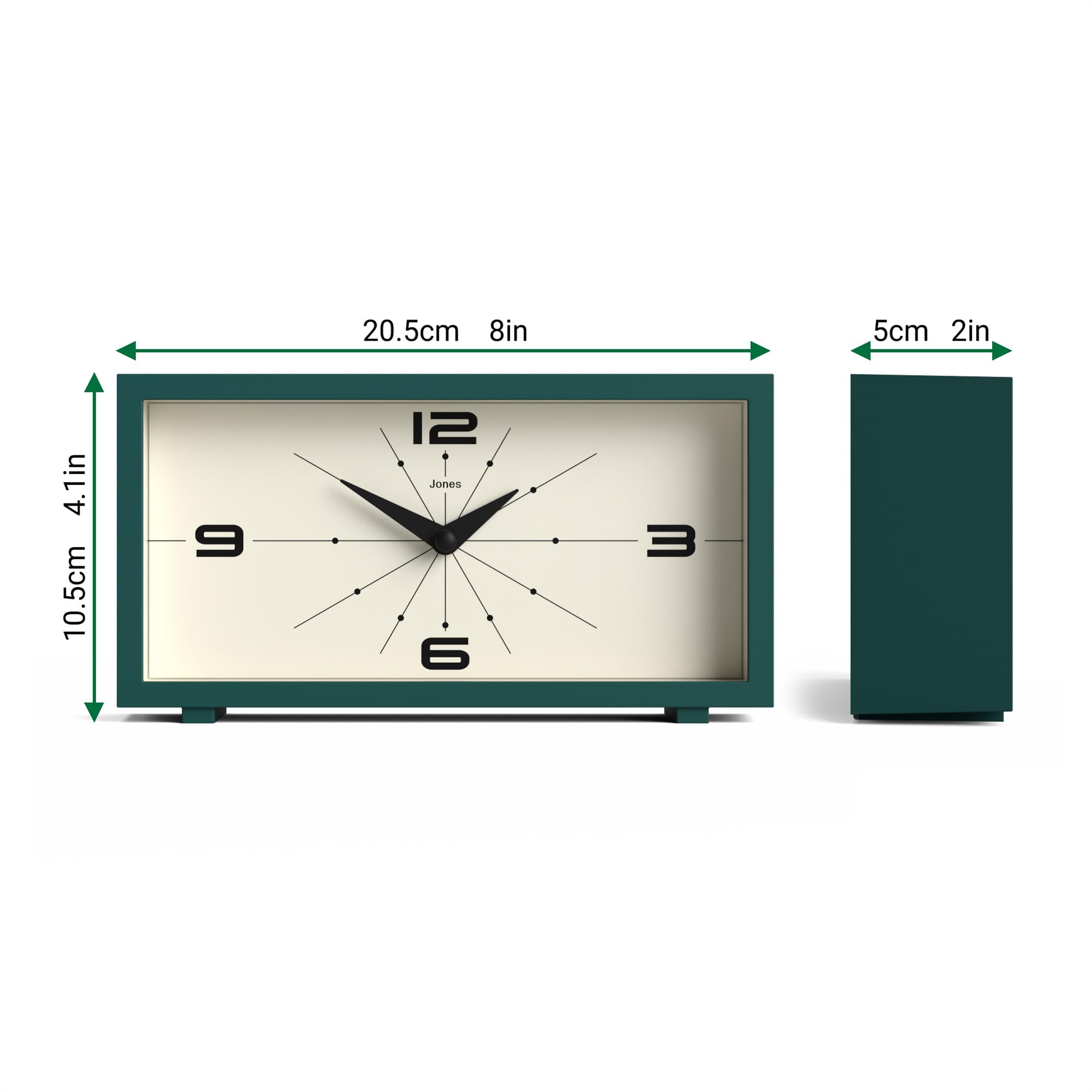 JONES CLOCKS® 'Odeon' Modern Green Rectangular Desk Clock - Stylish Retro Design for Home & Office Decor - Perfect for Shelf, Table, Mantel, Bedside or Gift Giving