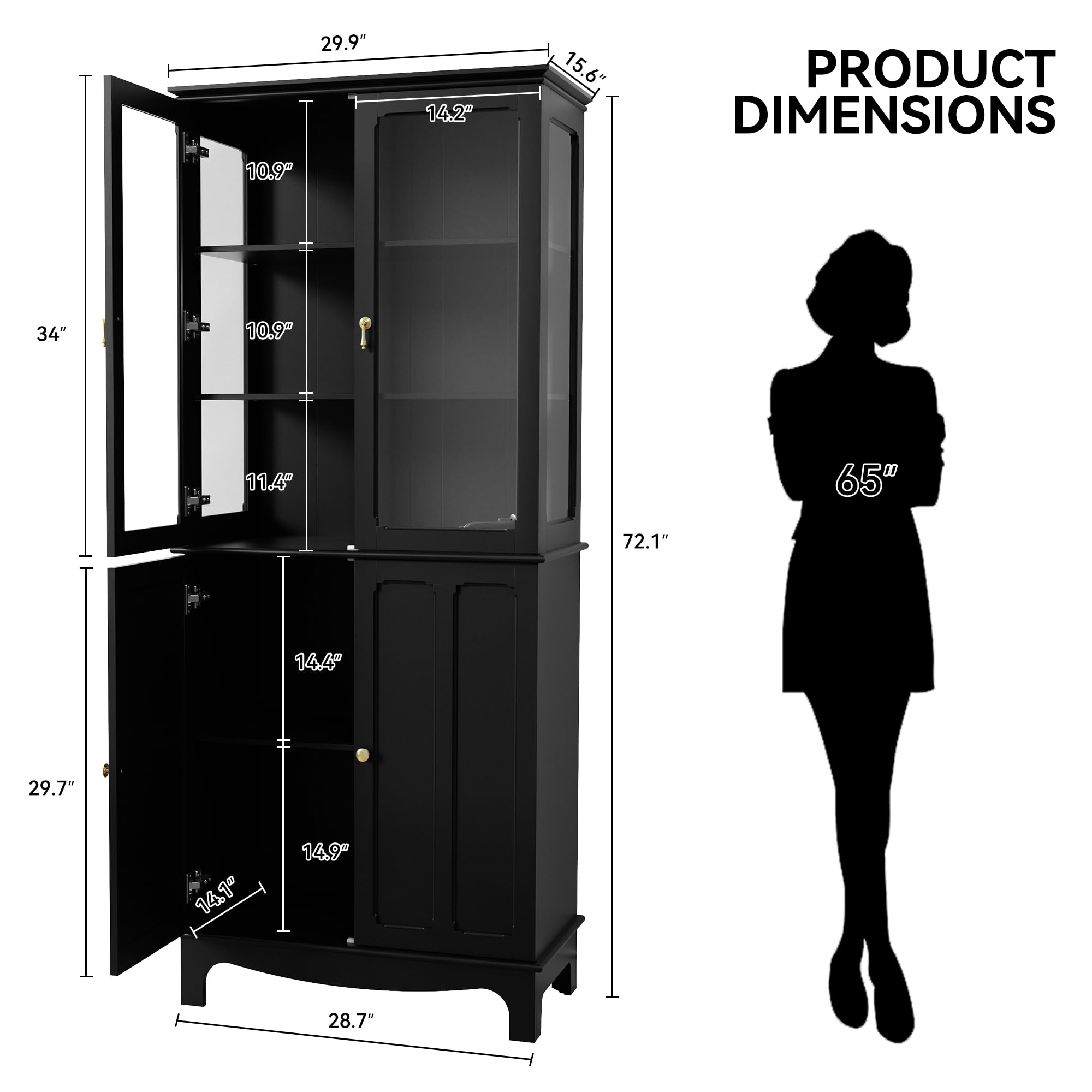 ARTPOWER 72 Inch Freestanding Kitchen Pantry Cabinet - Classic Tall Storage Sideboard with Glass Doors & Adjustable Shelves for Kitchen, Living Room, Dining Room - Black | Perfect for Small Space Organization, Home Decor & Extra Storage Solutions