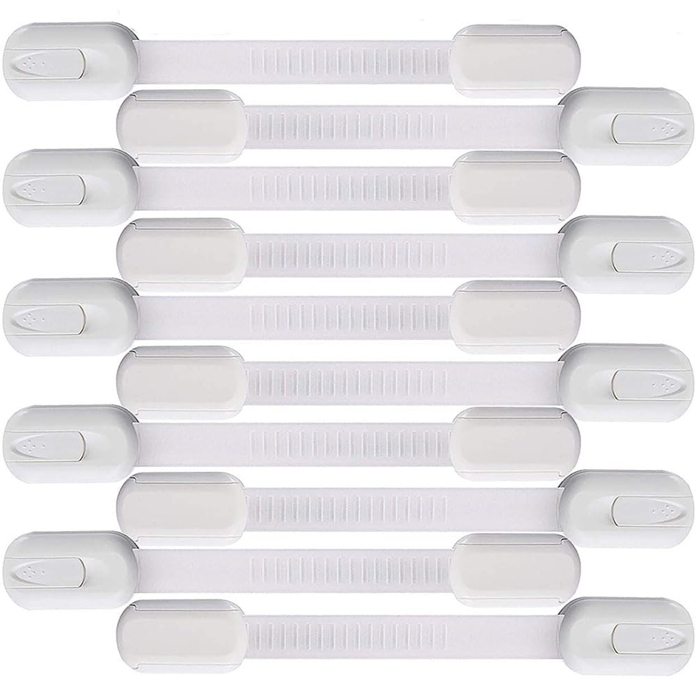 10 Pack White Baby Safety Cabinet Locks - Child Proof Strap Latches for Cupboards, Drawers, Appliances, Toilet Seats & More | Self-Adhesive & Adjustable | Perfect for Kitchen, Bathroom & Nursery Safety