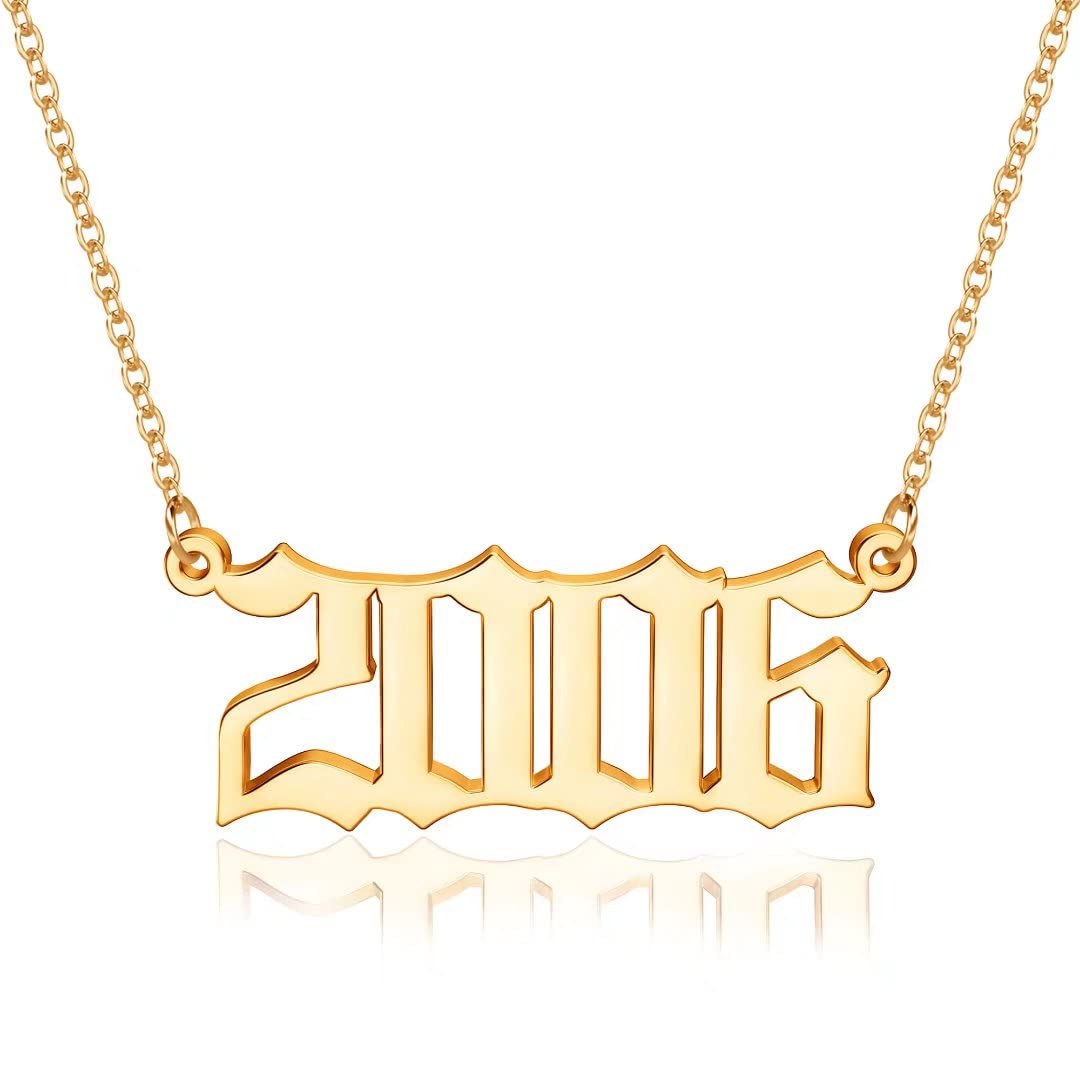 18K Gold Plated Old English Birth Year Necklace for Women - Personalized Number Pendant Jewelry Gift (1970-2021) | Perfect for Birthday, Anniversary & Mother's Day Gifts