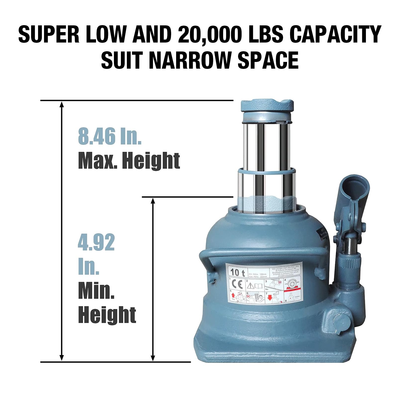10 Ton (20,000 LBs) Torin Double Ram Low Profile Hydraulic Bottle Jack - Heavy Duty Welded Construction for Auto Repair, Vehicle Lifting & Home Use - Blue (ATH810002B) - Perfect for Car Maintenance, Garage Work & Emergency Roadside Assistance