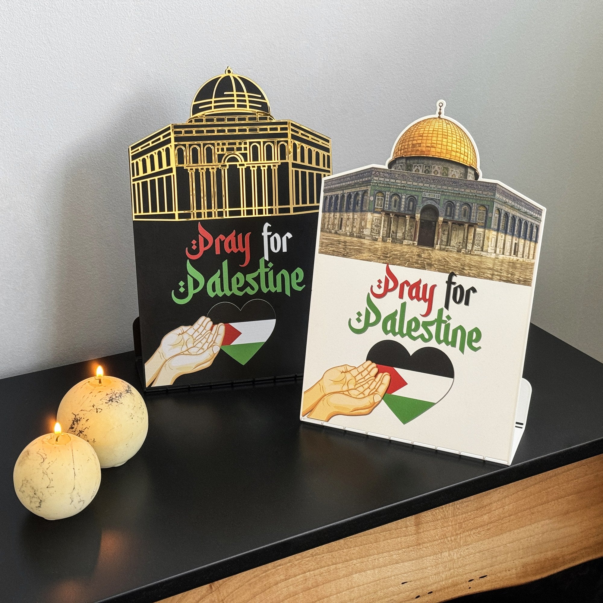 Palestine Flag Table Top Stand - Metal Base with Al Aqsa Mosque & Dome of the Rock Design - Perfect for Home Decor, Office Display & Cultural Events