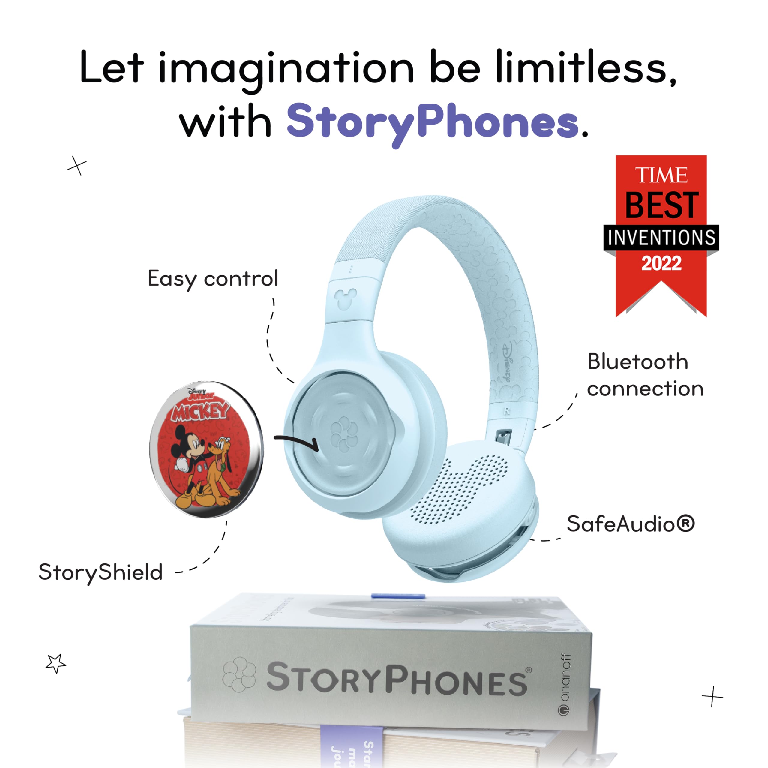 Disney StoryPhones - Foldable Bluetooth Kids Headphones with Mickey Mouse Story Disk | Wireless Learning Headset for Travel, Screen-Free Entertainment & Music | Perfect Gift for Boys & Girls (Light Blue) by Onanoff