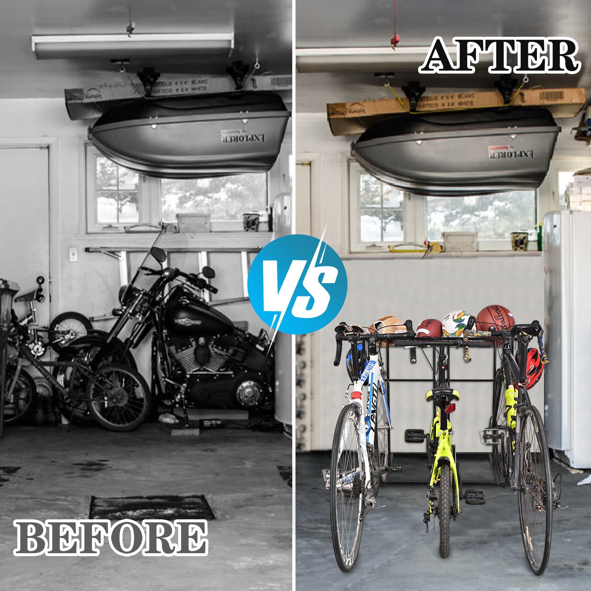 Mythinglogic 3-Bike Floor Parking Stand - Heavy Duty Free Standing Bike Rack for Garage Storage Organizer (Fits Adult & Kids Bicycles) - Perfect for Home, Garage, and Apartment Bike Organization