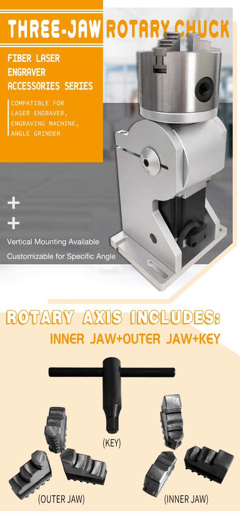 160mm (6.30in) Rotary Chuck Three-Jaw with Rotating Head - Compatible with Fiber Laser Marking, Engraving Machines & Angle Grinders - Perfect for Metal Engraving, Wood Carving & Industrial Applications