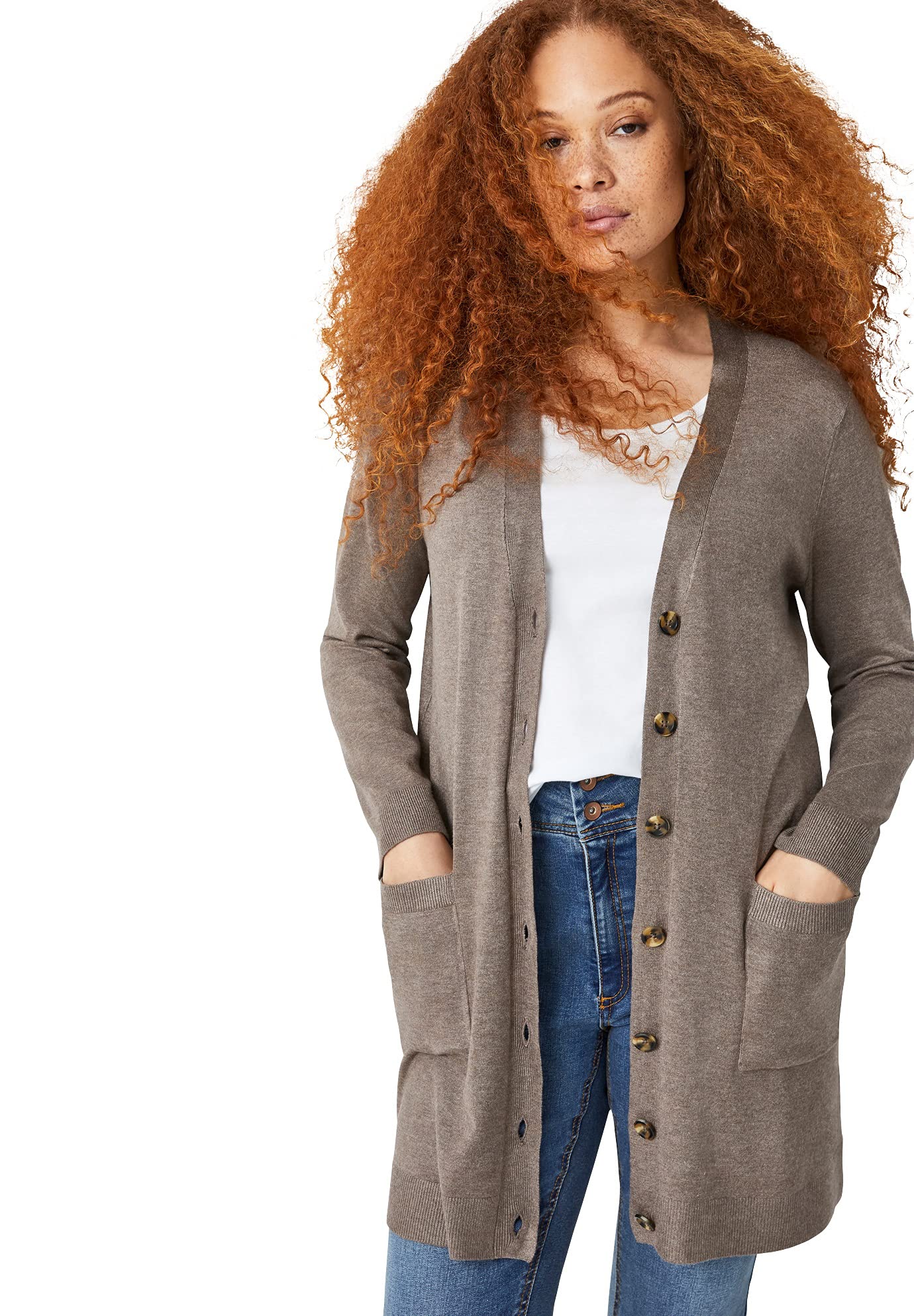 Ellos Women's Plus Size Long Button Front Cardigan - Soft & Cozy Open Front Sweater for Work, Travel & Casual Wear