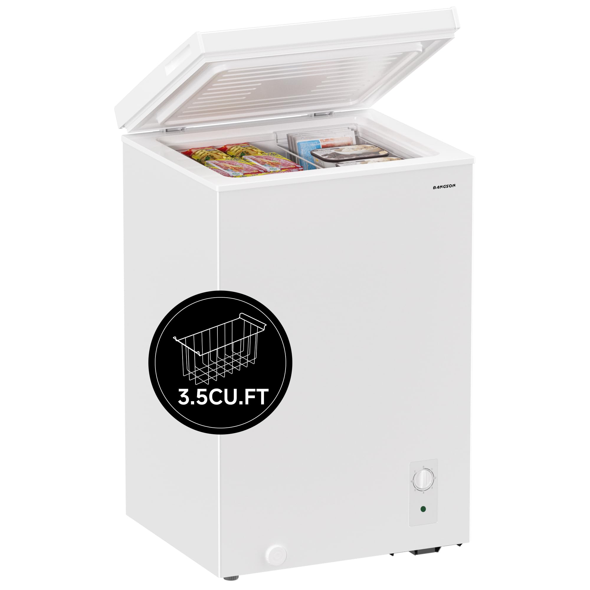 BANGSON 3.5 Cubic Feet Energy Efficient Chest Freezer with Removable Basket & Adjustable Temperature Control - Perfect for Home, Dorm, Apartment, Office - Ideal for Frozen Food Storage, Meal Prep & Bulk Grocery Savings