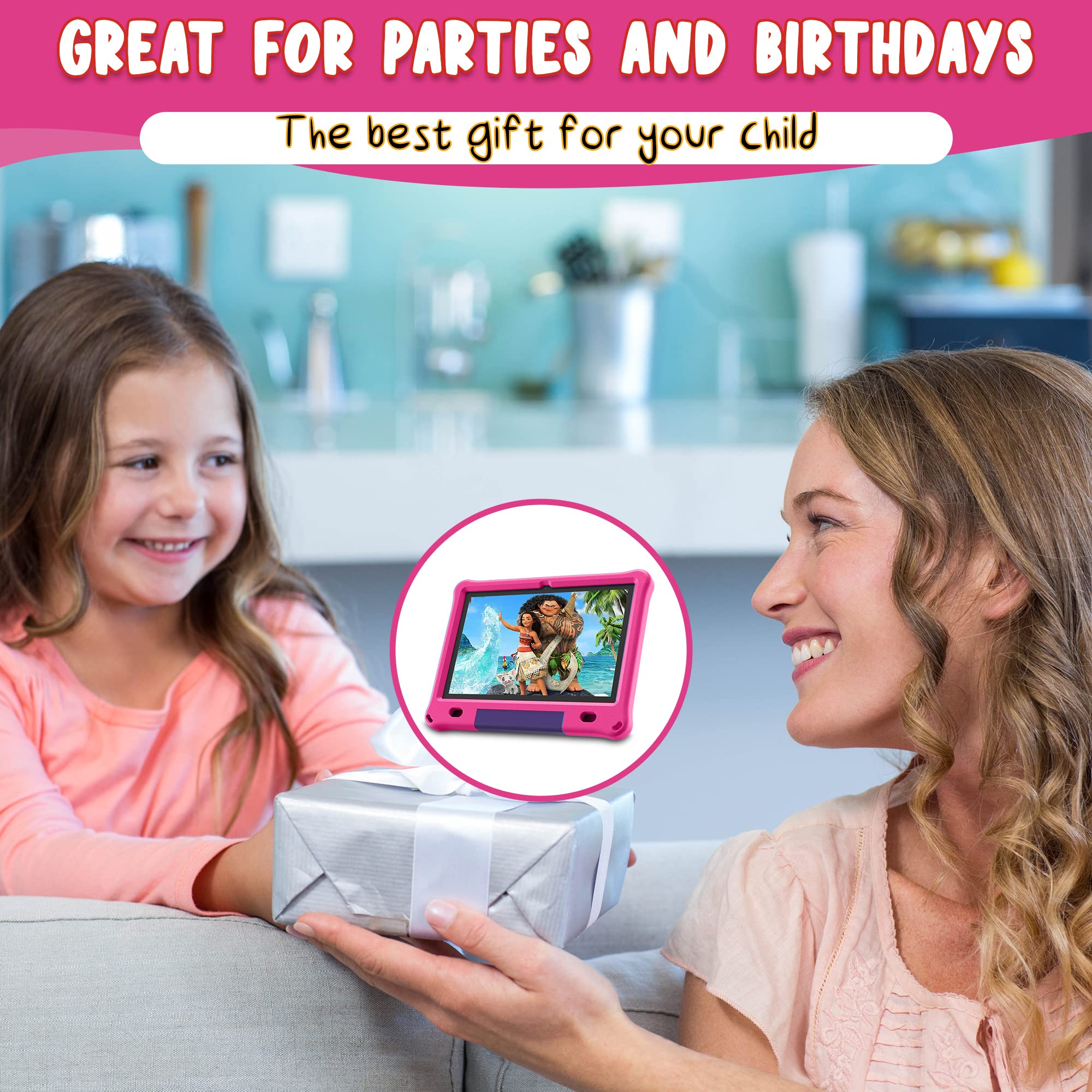 CosmoToys® Kids Tablet with Parental Control - Android 12, 6000mAh Battery, Includes Car Storage Cover & Tablet Holder - Educational Learning Tablet for Toddlers & Children (Pink) - Perfect for Road Trips, Homeschooling & Entertainment