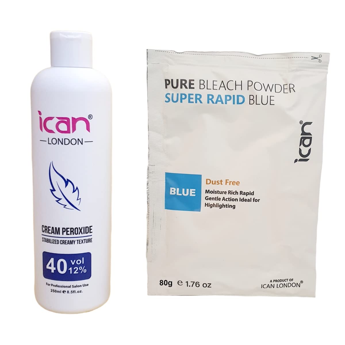 ICAN LONDON Professional 40 Volume 12% Cream Peroxide 250ml with Rapid Blue Powder Bleach 80g Kit - Hair Lightening & Bleaching Set for Salon & Home Use