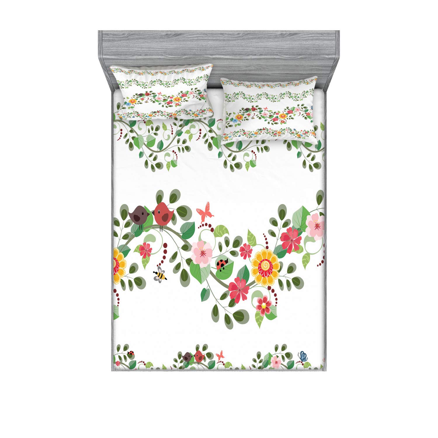 Ambesonne Green Floral Fitted Sheet & Pillow Sham Set - Vintage Abstract Foliage Pattern 3-Piece King Size Bedding Set for Romantic Bedroom Decor | Perfect for Guest Rooms, Master Bedrooms & Boho Home Decor