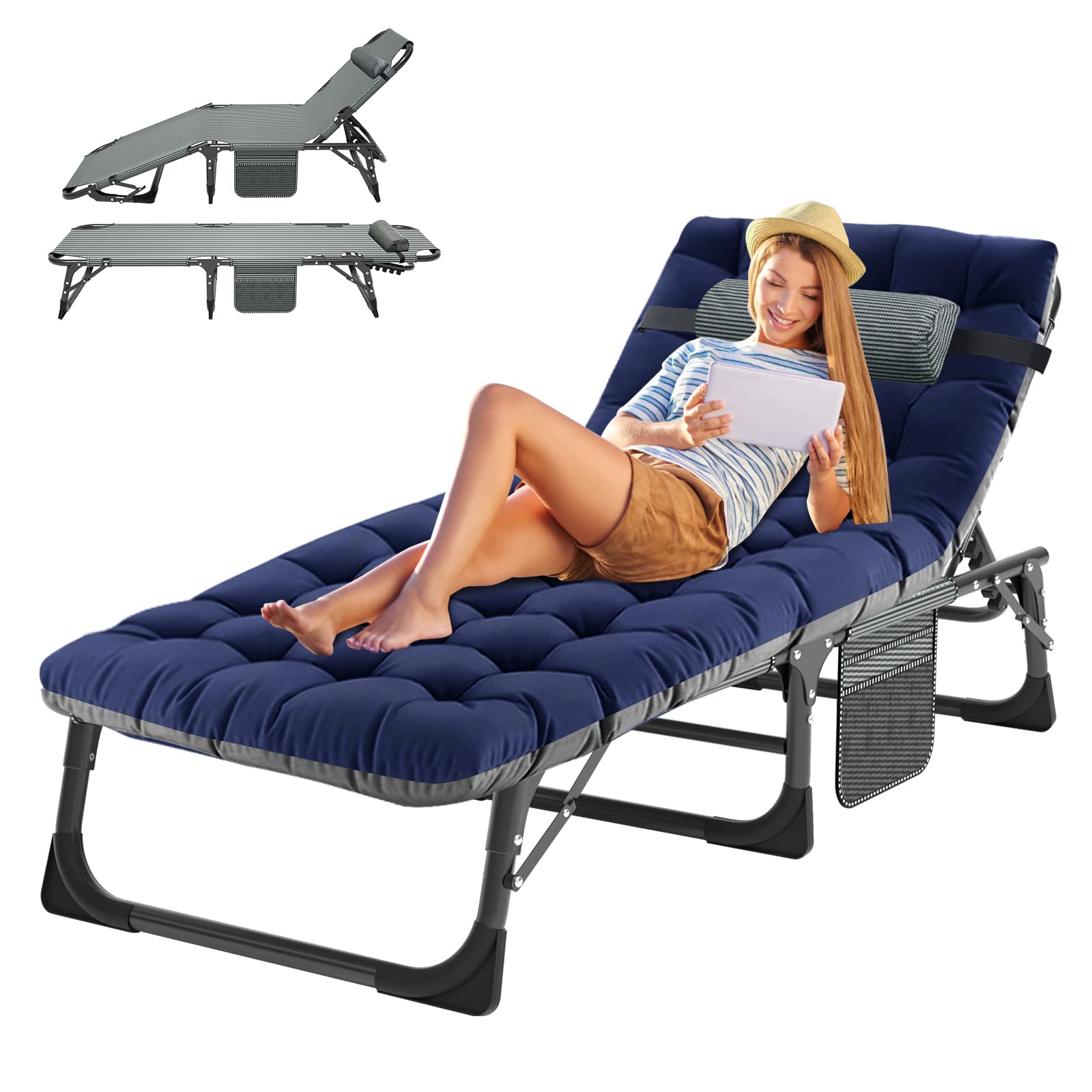 ABORON 5-Position Adjustable Camping Cot for Adults - Portable Folding Sleeping Cot & Lounge Chair with Pillow - Heavy Duty Outdoor Recliner for Beach, Lawn, Camping, Poolside & Sunbathing - Perfect for Backyard Relaxation, Picnics & Travel Adventures