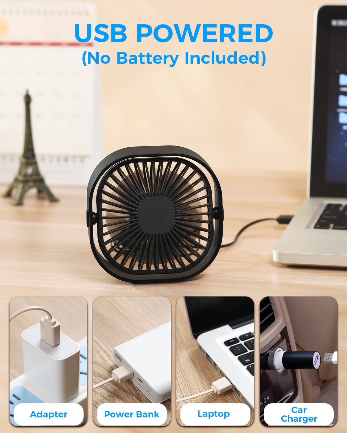 4 Inch Small USB Desk Fan - 3-Speed Portable & 360° Rotatable Mini Cooling Fan | USB-Powered for Home, Office, Bedroom, Dorm | Indoor & Outdoor Use | Perfect Summer Gift for Men & Women