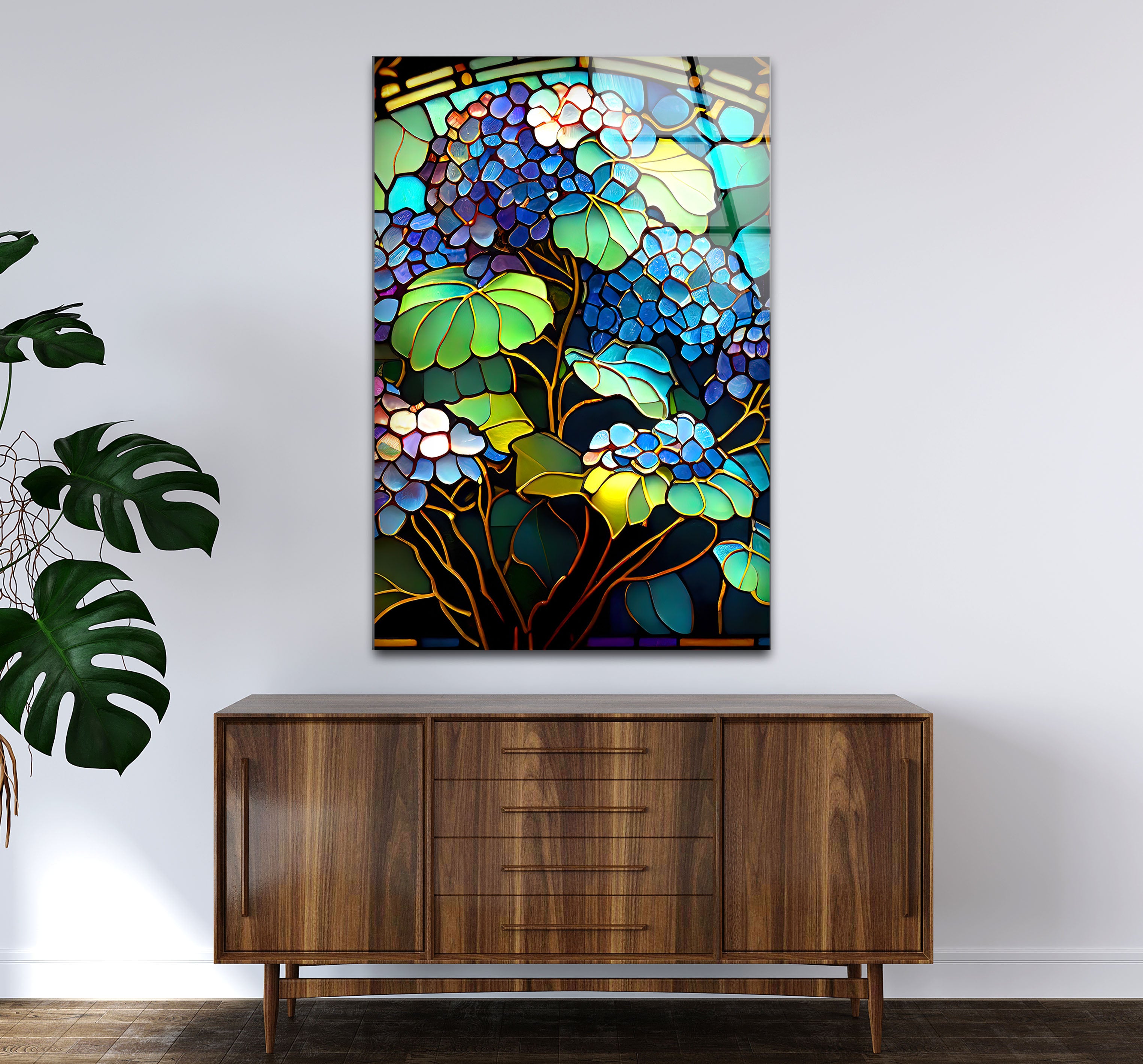 Blue Hydrangea Stained Glass Wall Art - Vertical Floral Glass Print for Home Decor, Church, Wedding & Office | Handmade Glass Painting Gift for Women