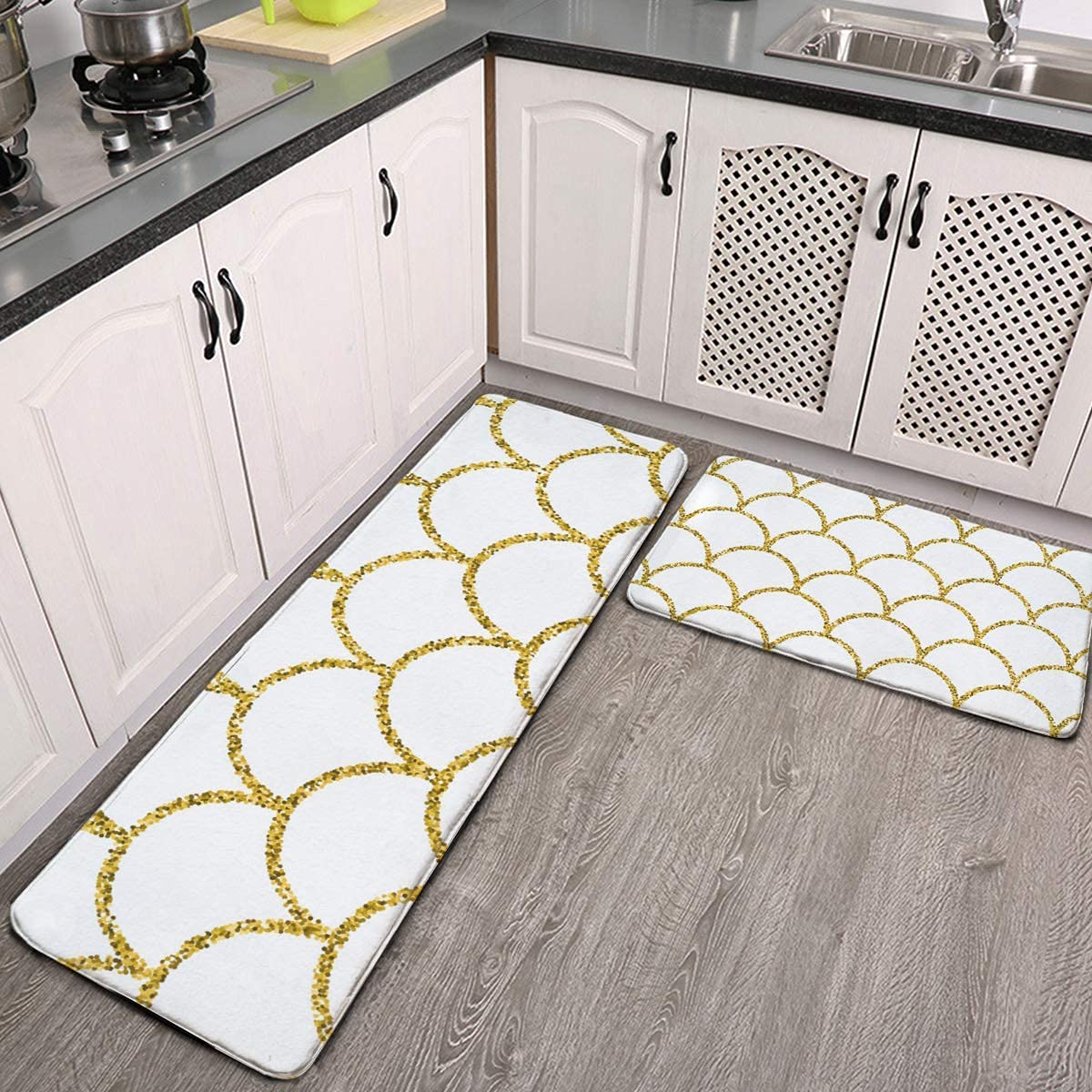 Anti-Fatigue Kitchen Rug Set - 2 Piece Non-Slip Cushioned Floor Mat with Gold Paw Print Design, Waterproof Standing Comfort Mat for Kitchen, Runner Carpet - Perfect for Pet Owners, Home Chefs & High-Traffic Areas