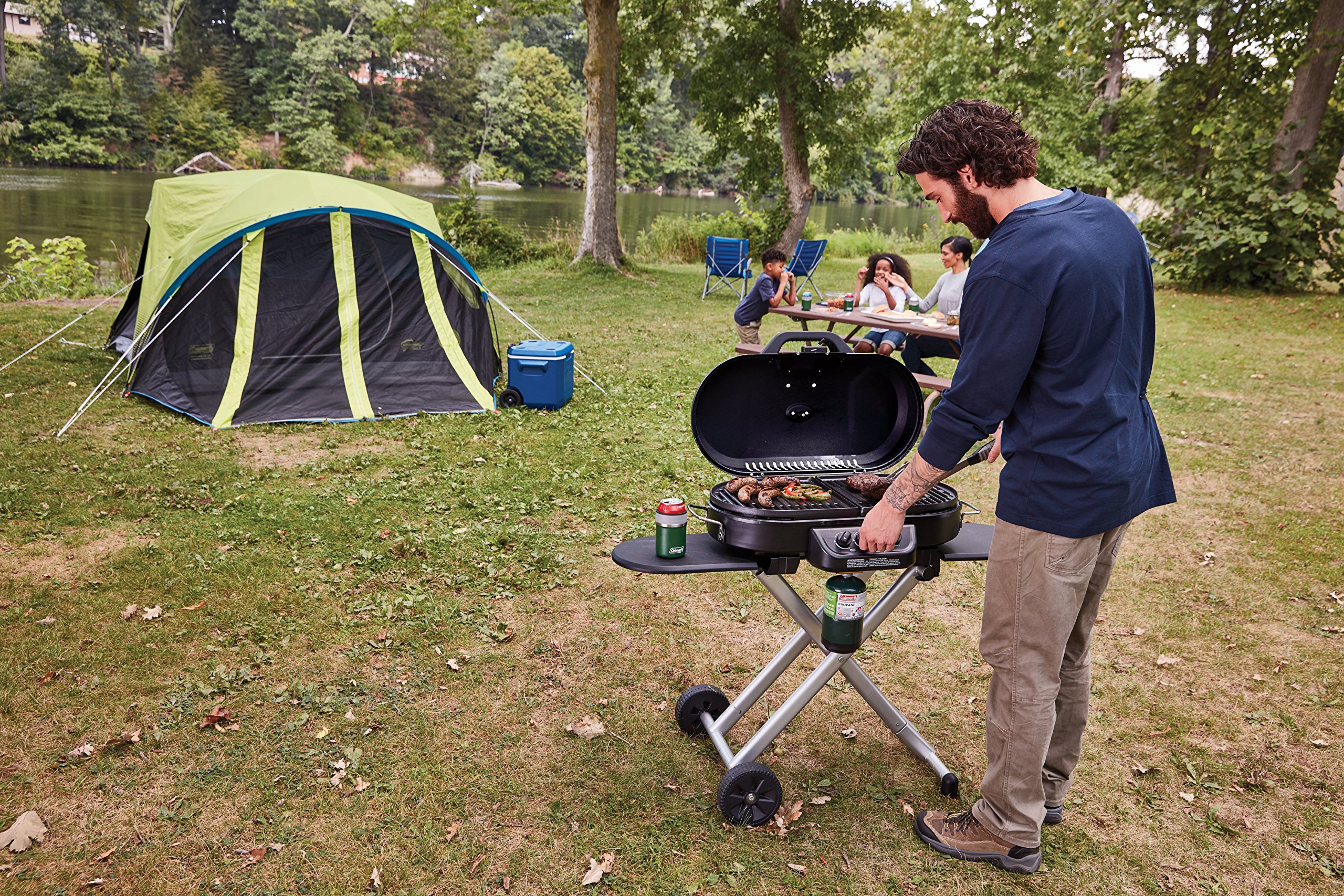 Coleman RoadTrip 285 Portable Stand-Up Propane Grill with 3 Adjustable Burners & InstaStart Ignition - 20,000 BTU Outdoor Gas Grill for Camping, Tailgating, and Backyard BBQs