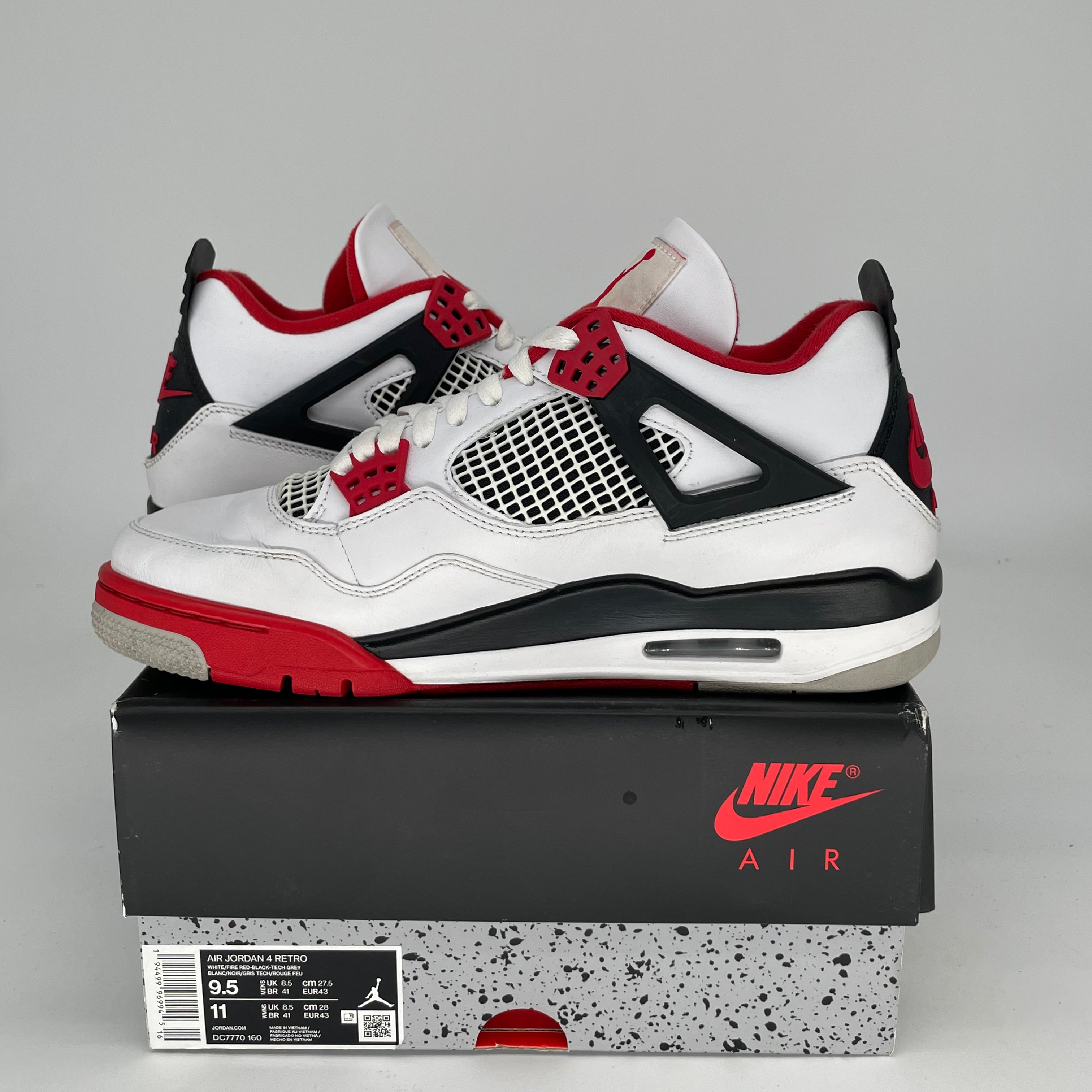 AIR JORDAN 4 Retro Fire Red Sneakers - Men's Size 9.5/Women's 11 - Style Code DC7770-160 - Perfect for Basketball, Streetwear & Sneaker Collection