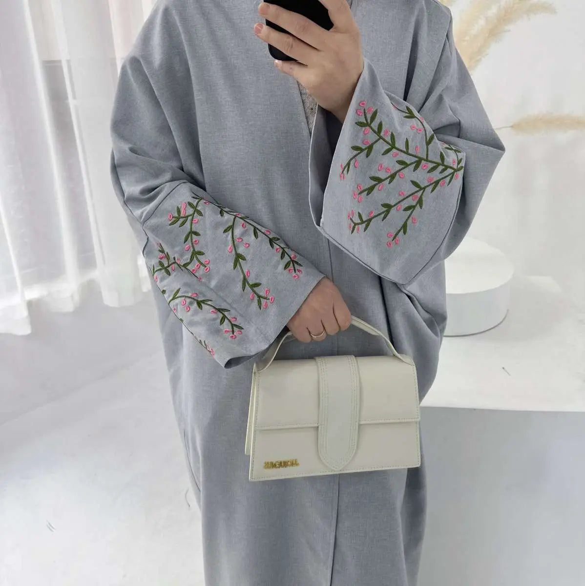 Linen Cotton Embroidery Cardigan Open Abaya Dress - Elegant Muslim Women's Cover Up for Prayer, Home & Casual Wear