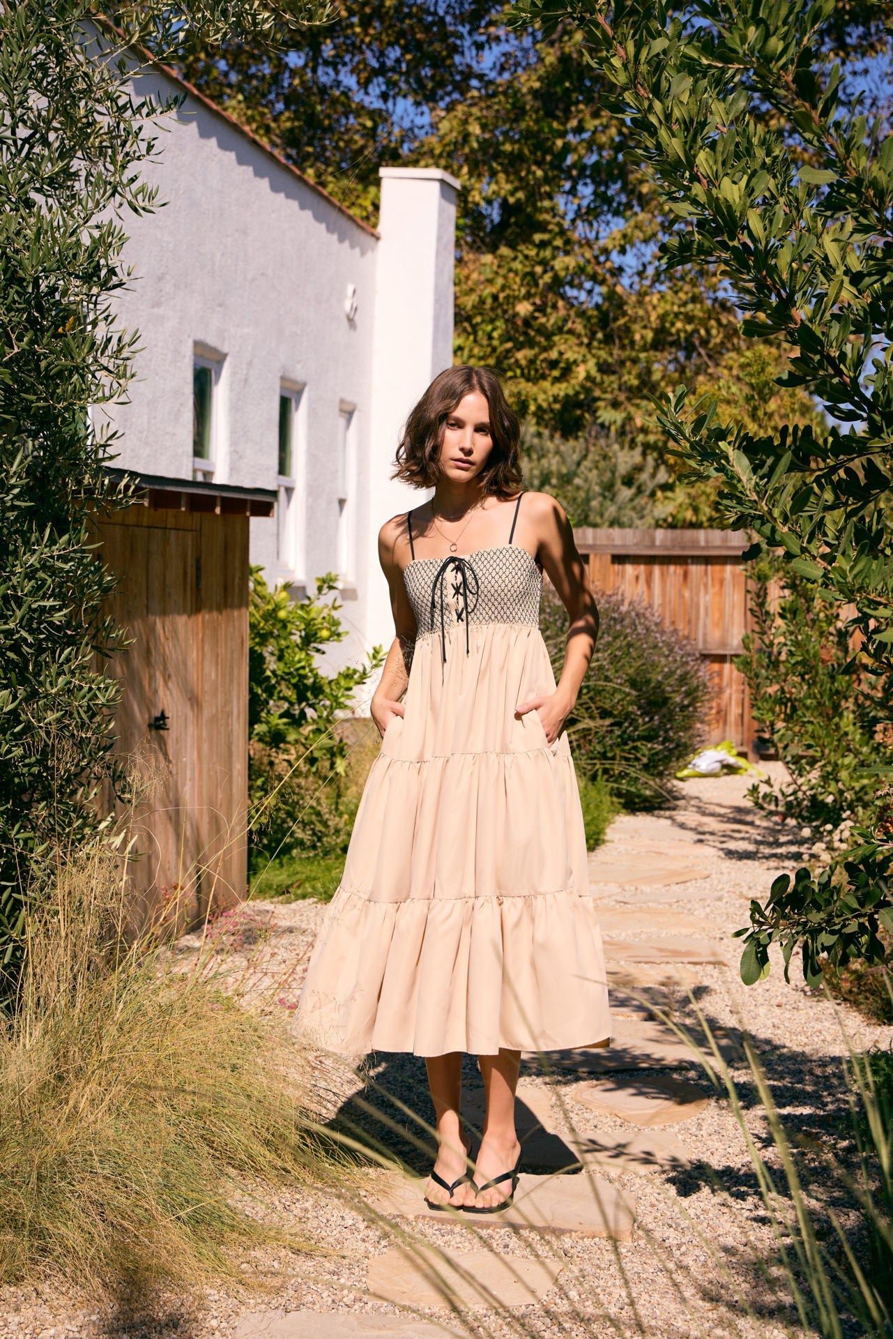 Beige Lace Up Smocked Bodice Tiered Midi Dress for Women - Elegant Flowy Summer Dress for Weddings, Parties & Date Nights