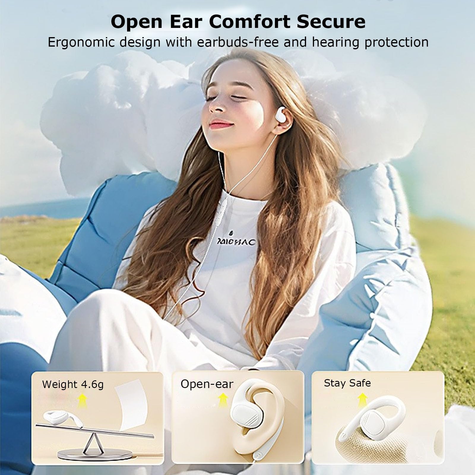 JINSERTA Open Ear Wired Earbuds with Microphone & Volume Control - 3.5mm AUX Headphones for iPhone, Android Phones, Tablets, PC - Lightweight Stereo Headset with Secure Ear Hook for Running, Cycling, Workouts & Gym (Black)
