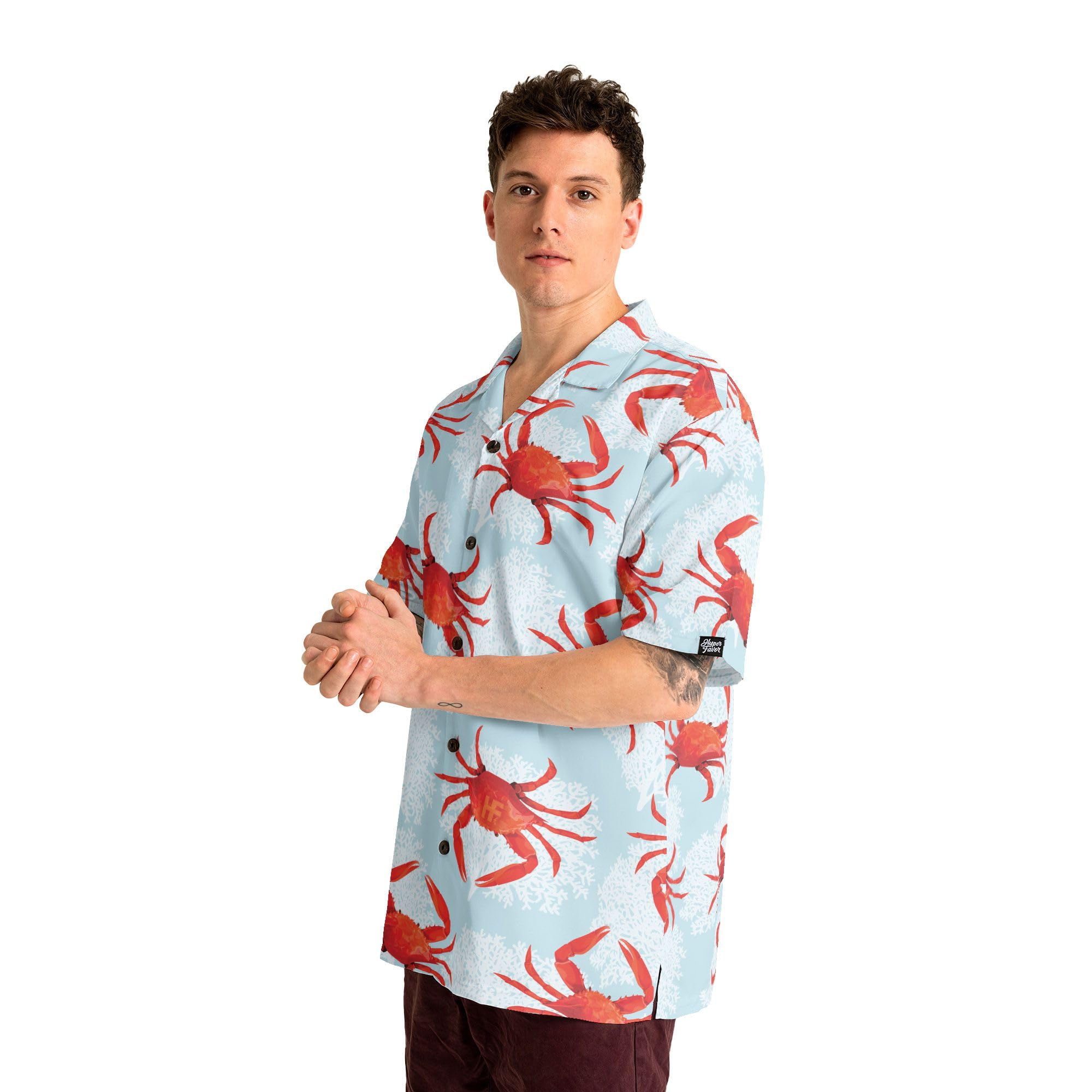 HYPERFAVOR Hawaiian Crab Shirt for Men & Women - Short Sleeve Button Down Crab Print Shirt - Perfect Gift for Crab Lovers - Ideal for Beach Parties, Summer Vacations & Casual Outings