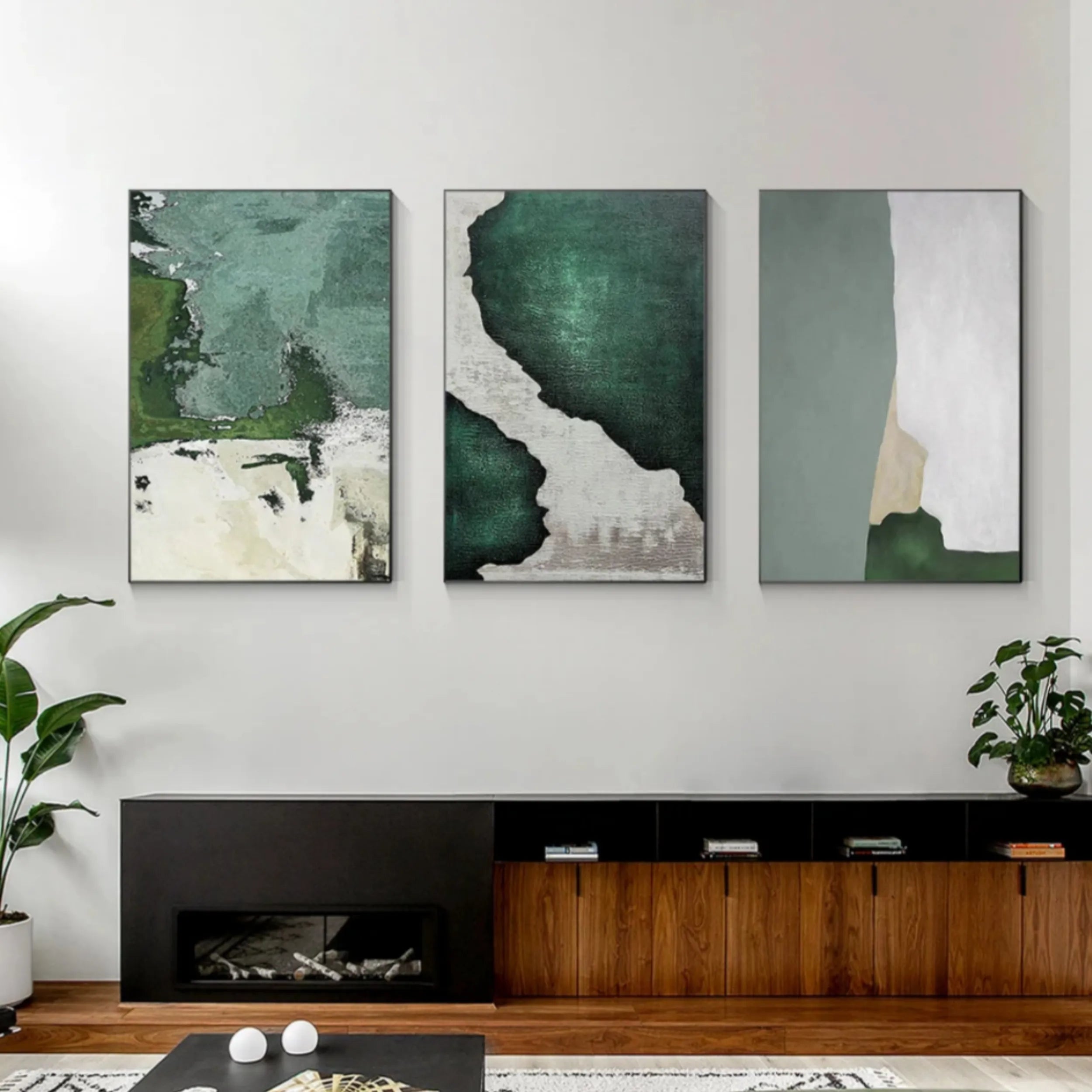Blue & Green Abstract Wall Art Set of 3 Paintings - Modern Canvas Prints for Living Room, Bedroom & Office Decor | BG081
