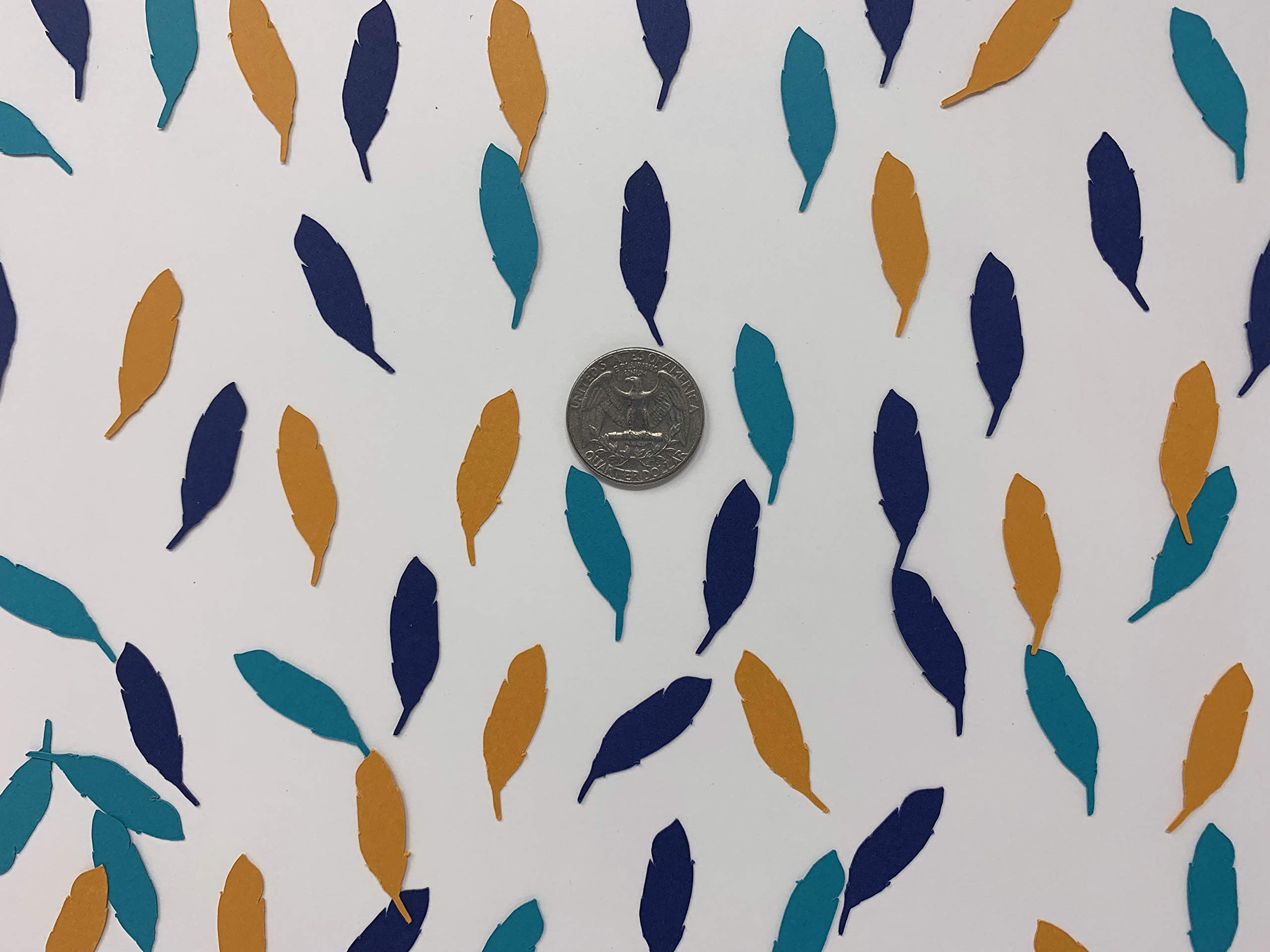 Vibrant Navy, Orange & Teal Feather Confetti - 300pcs Cardstock Paper Party Decorations for Wild One First Birthday, Tribal Theme Events & Gender Reveals - Perfect for Baby Showers, Boho Celebrations & Festive Table Scatters