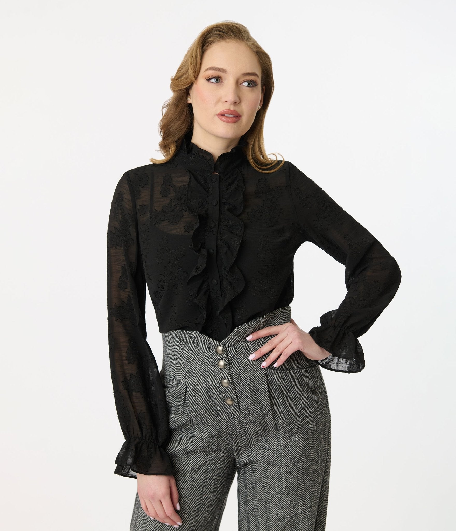 Smak Parlour Black Floral Ruffle Neck Blouse - Women's Elegant Ruffled Top for Work, Date Night & Special Occasions