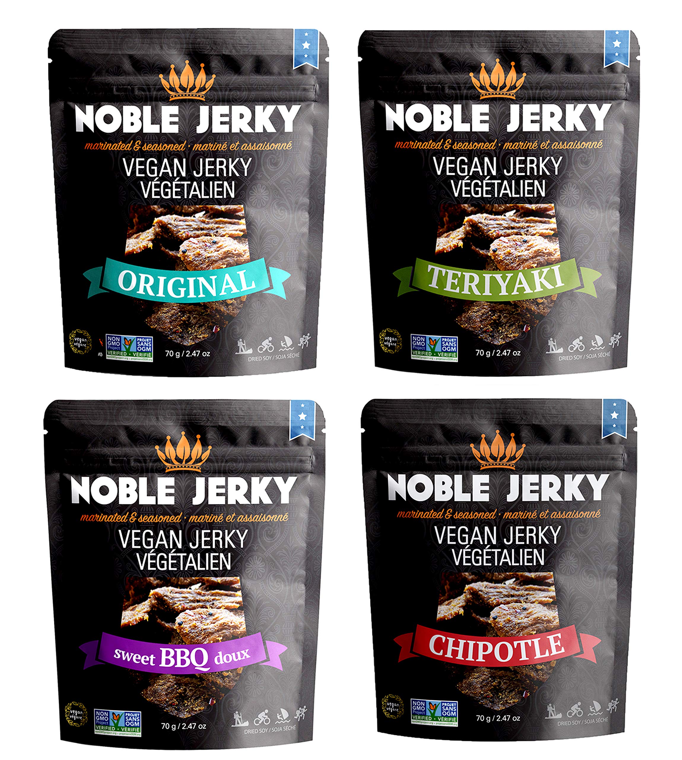 Noble Jerky - Healthy Vegan Vegetarian Snacks (BBQ, Original, Teriyaki, Chipotle) - 4 Pack (70g Each) | Plant-Based Protein Snack for Hiking, Travel & On-the-Go