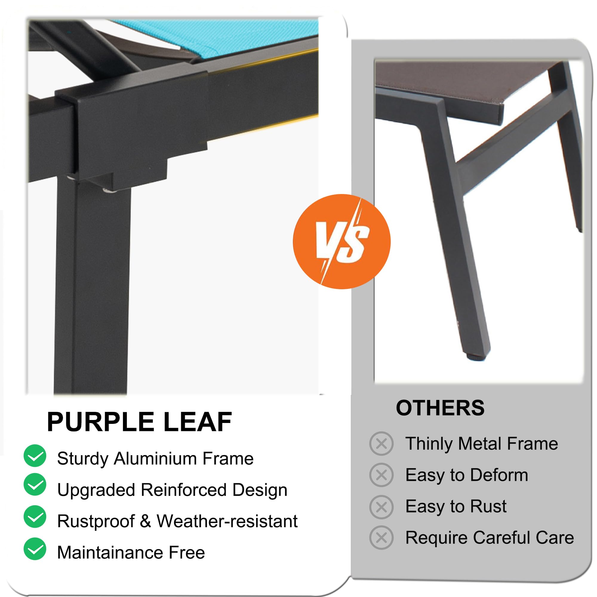 PURPLE LEAF Outdoor Chaise Lounge Chairs Set - Adjustable Aluminum Recliner with Wheels & Side Table - Perfect for Poolside, Beach, Patio & Sunbathing - Blue