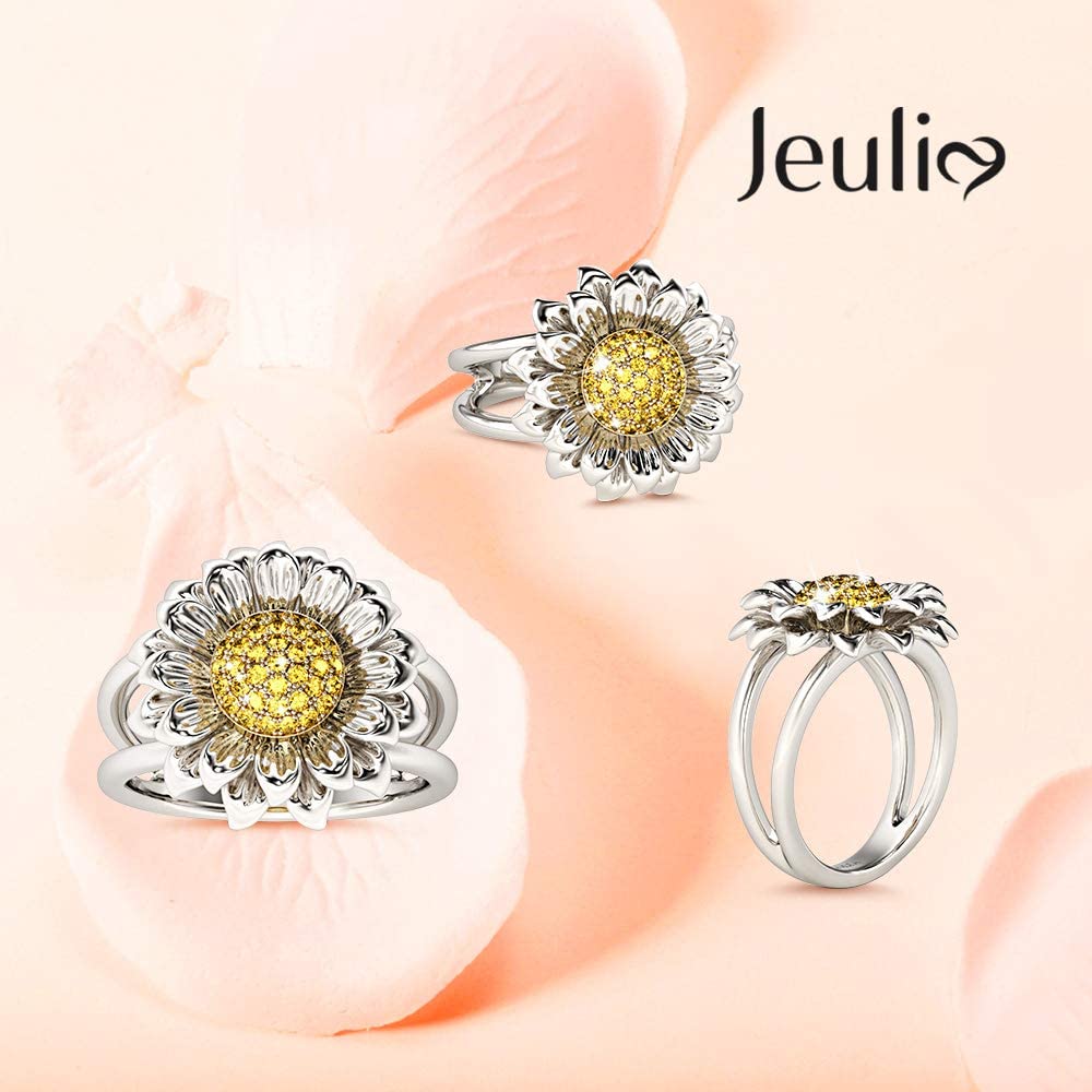 Jeulia S925 Sterling Silver Sunflower Daisy Ring for Women - Intertwined Hawaiian Flower Halo Engagement Ring Set - Bridal, Anniversary Jewelry Gift - Perfect for Weddings, Beach Vacations & Boho Fashion