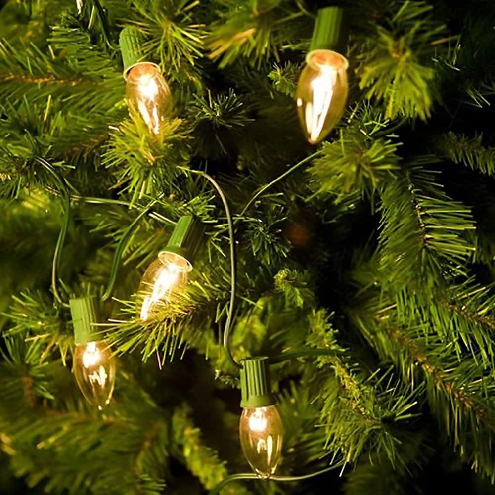 C9 Clear Christmas String Lights 25Ft - 26 Bulbs Outdoor Hanging Lights for Roofline, Patio & Yard Decor - 7 Watt E17 Intermediate Base Green Wire - Perfect for Holiday, Wedding & Party Lighting