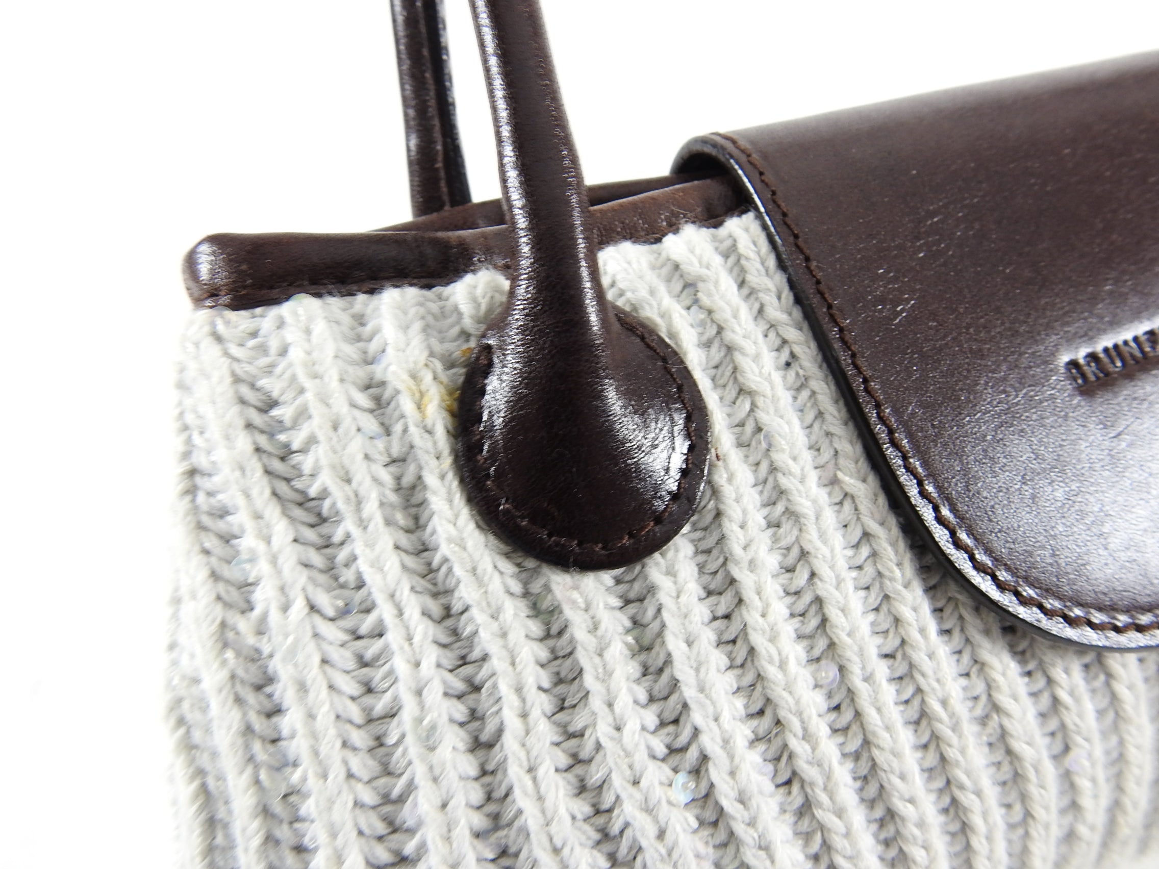 Brunello Cucinelli Luxury White Knit & Brown Leather Pochette Bag - Elegant Clutch for Women, Perfect for Evening Parties & Special Occasions