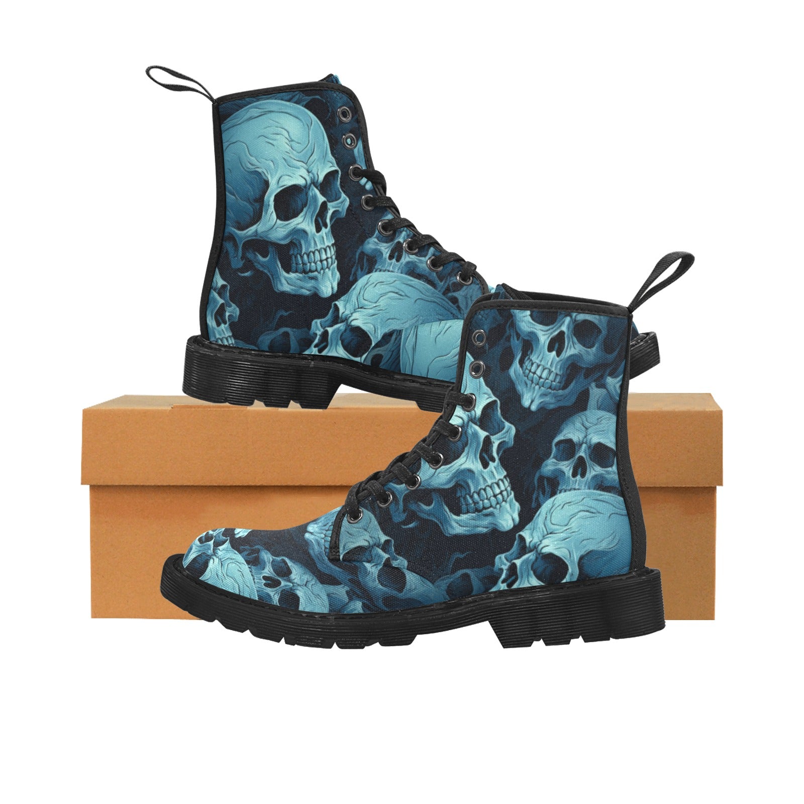 Blue Skulls Lace Up Canvas Boots for Women - Gothic Punk Ankle Boots with Skull Print - Perfect for Halloween, Cosplay, and Alternative Fashion Outfits