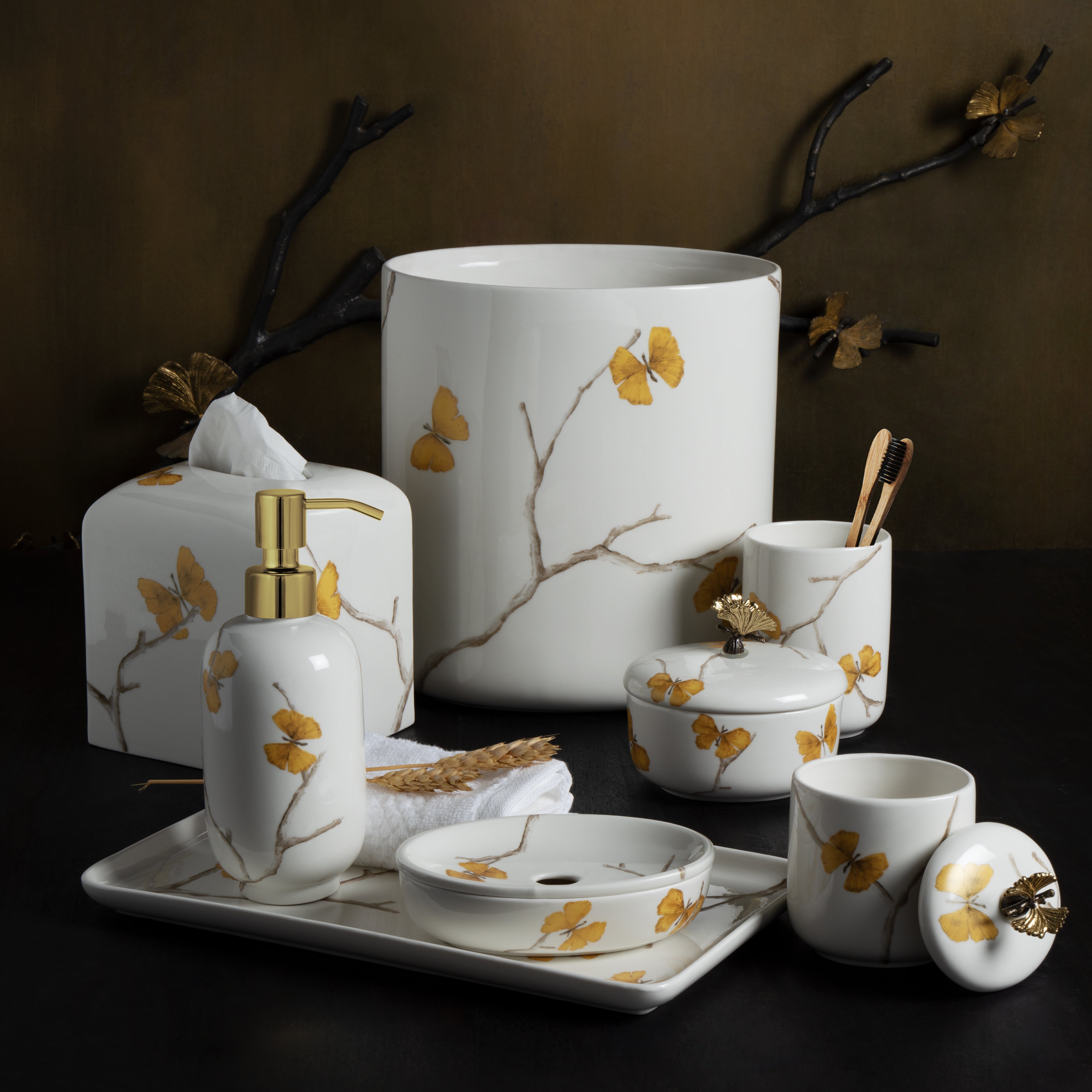 Butterfly Ginkgo Porcelain Bathroom Set - Elegant Soap Dish, Toothbrush Holder & Tumbler for Spa-Like Luxury at Home