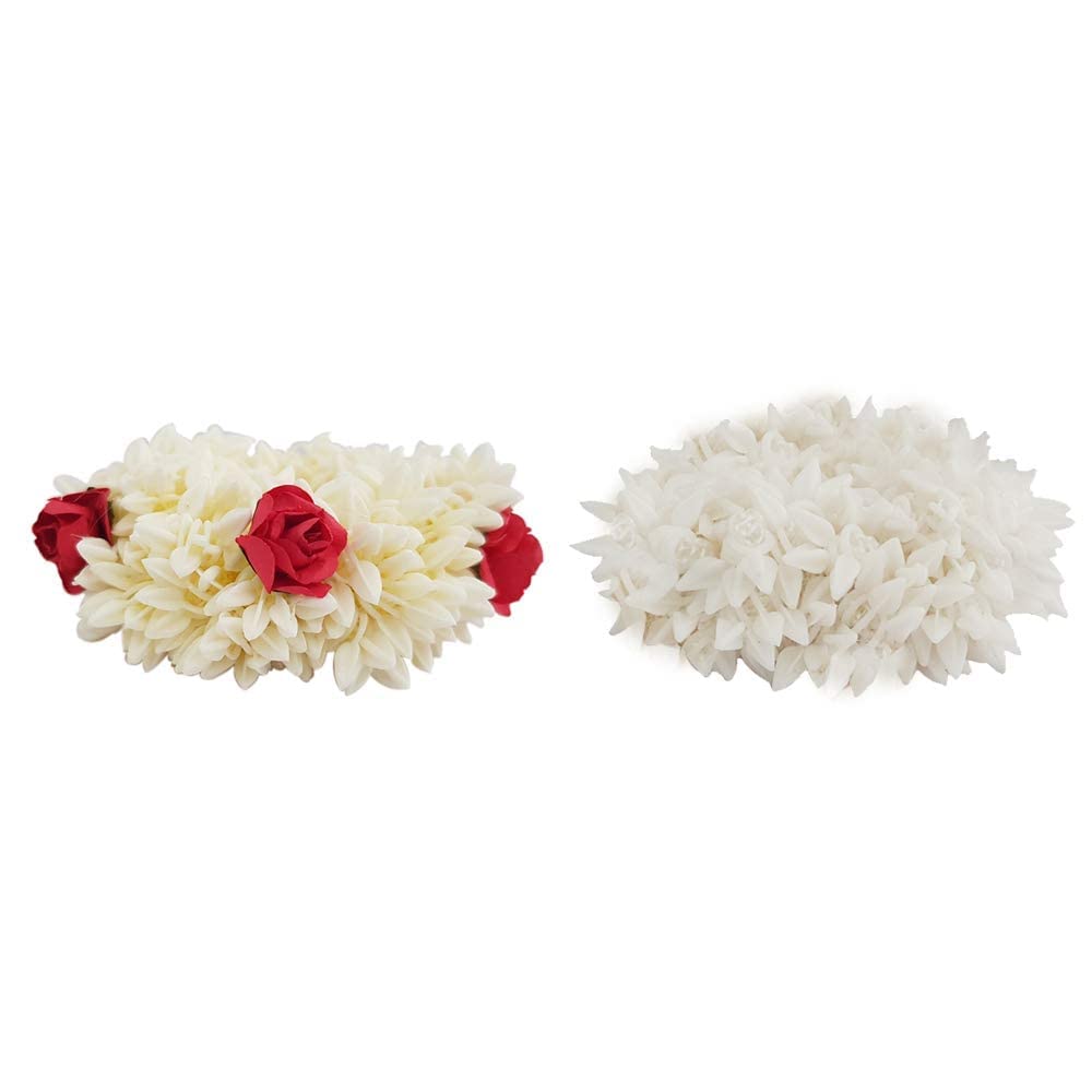 JGJ Rose & Mogra Rubber Band Gajra Hair Accessories for Women - White Floral Hair Jewelry for Weddings, Parties & Special Events (Pack of 2) | Perfect for Bridal, Indian & Ethnic Hairstyles