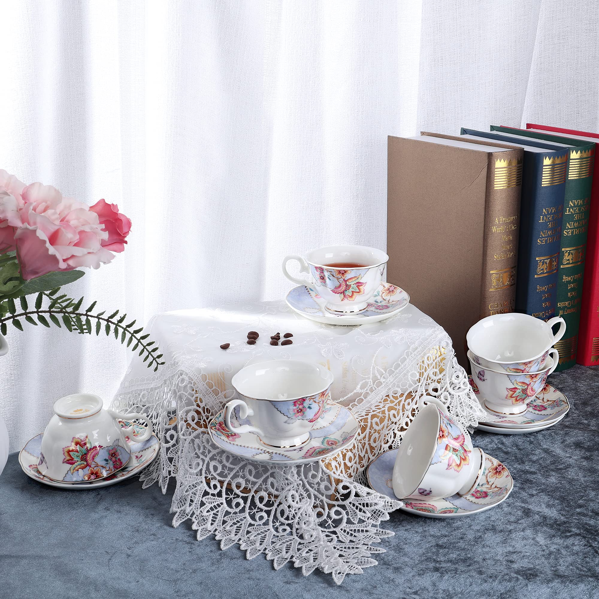 Fanquare Floral Coffee Cups Set of 6 (5 oz) - Porcelain Cappuccino Cups with Saucers - Elegant Tea Cups for Birthday, Wedding & Party - Purple - Perfect for Afternoon Tea, Coffee Break & Home Decor