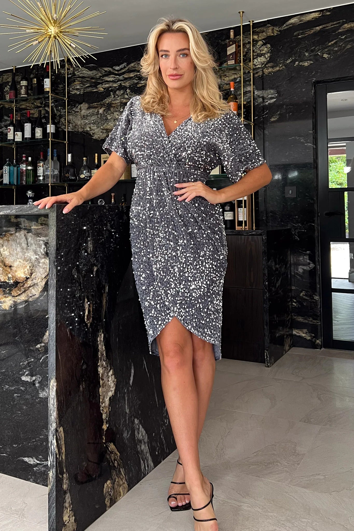 NOVAH Silver Velvet Sequin Faux Wrap Midi Dress for Women - Elegant Party, Evening, and Holiday Outfits