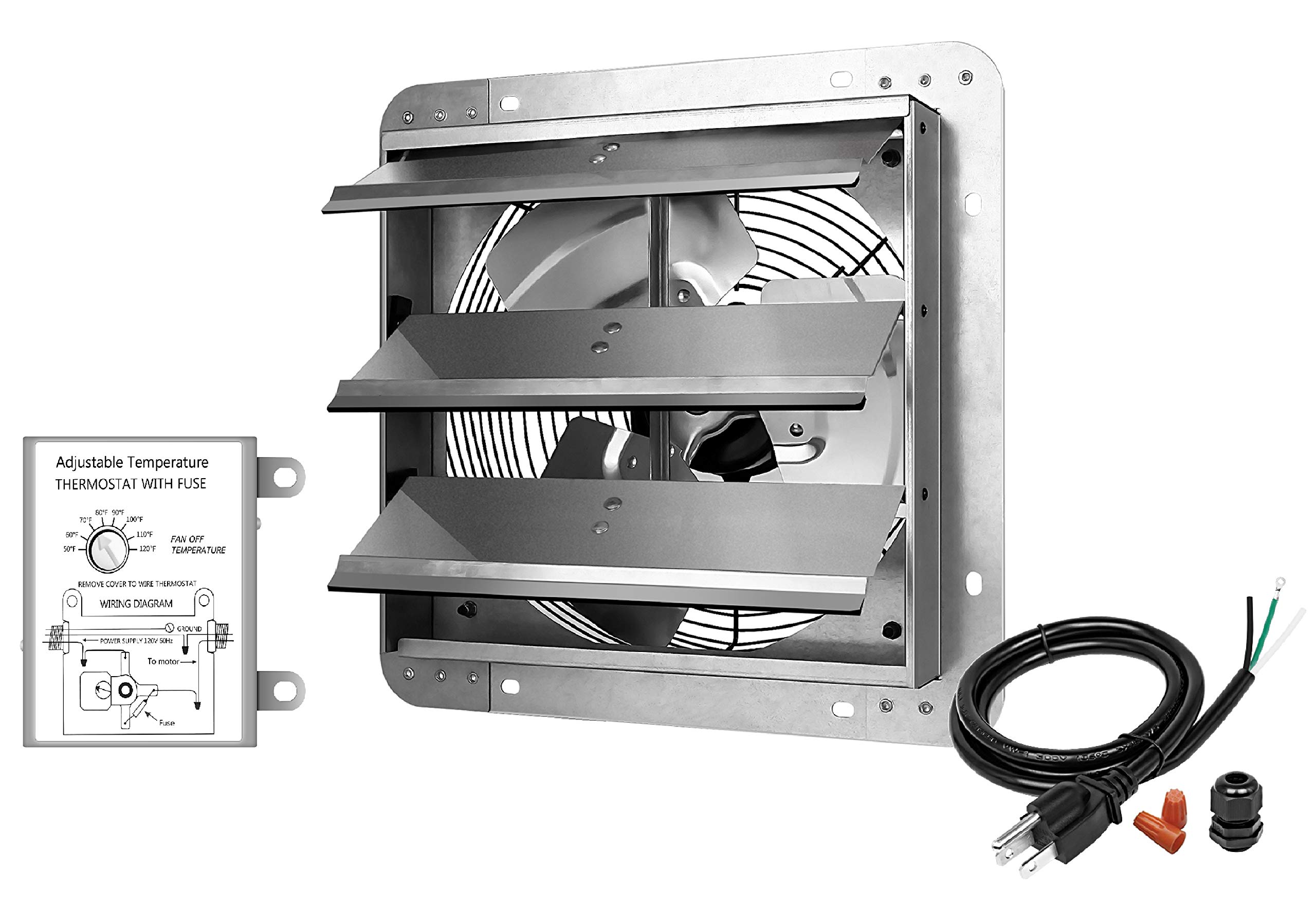 iPower 18 Inch Aluminum Wall Mounted Shutter Exhaust Fan with Thermostat - 1400 RPM, 2000 CFM - for Attic Ventilation, Garage Cooling, Greenhouse Airflow & Plant Grow Rooms (Silver)