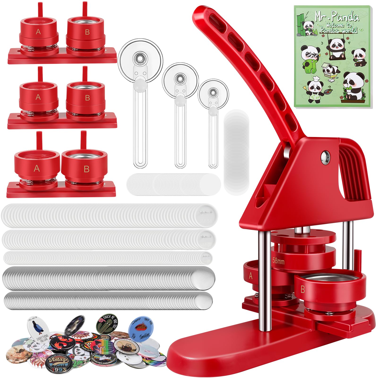 Hicdaw 25mm/32mm/58mm (1/1.25/2.25 inch) DIY Button Maker Machine Kit - Includes Free Buttons, Blank Round Sheets, Circle Cutter & Panda Design Book for Custom Pin Badges - Perfect for Crafting, School Projects, Gifts & Party Favors