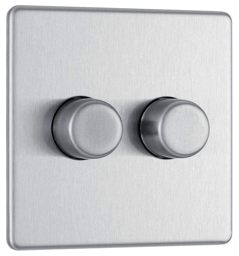BG Electrical Smart 2-Way Double Wall Dimmer Switch - Screwless Flat Plate, Brushed Steel Finish, 200W, FBS82 - Perfect for Modern Homes & Smart Lighting Control