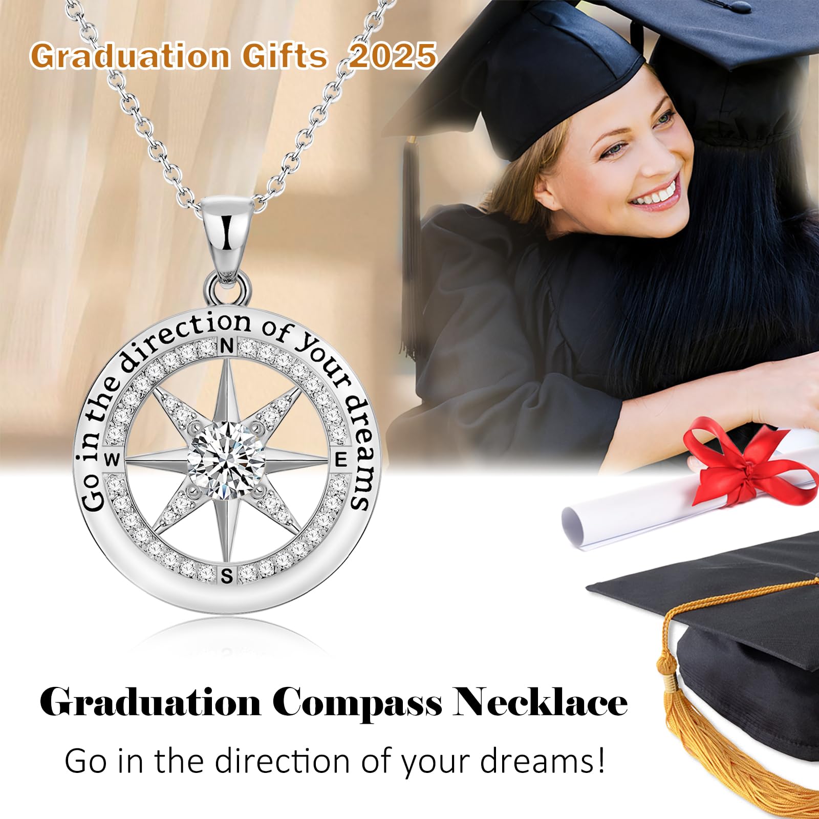 2025 Graduation Gifts for Women - 925 Sterling Silver Compass Necklace for Daughter, Granddaughter | High School & College Graduation Jewelry | Perfect Inspirational Gift for Her 2025 Graduation Ceremony, Prom, or Special Occasion